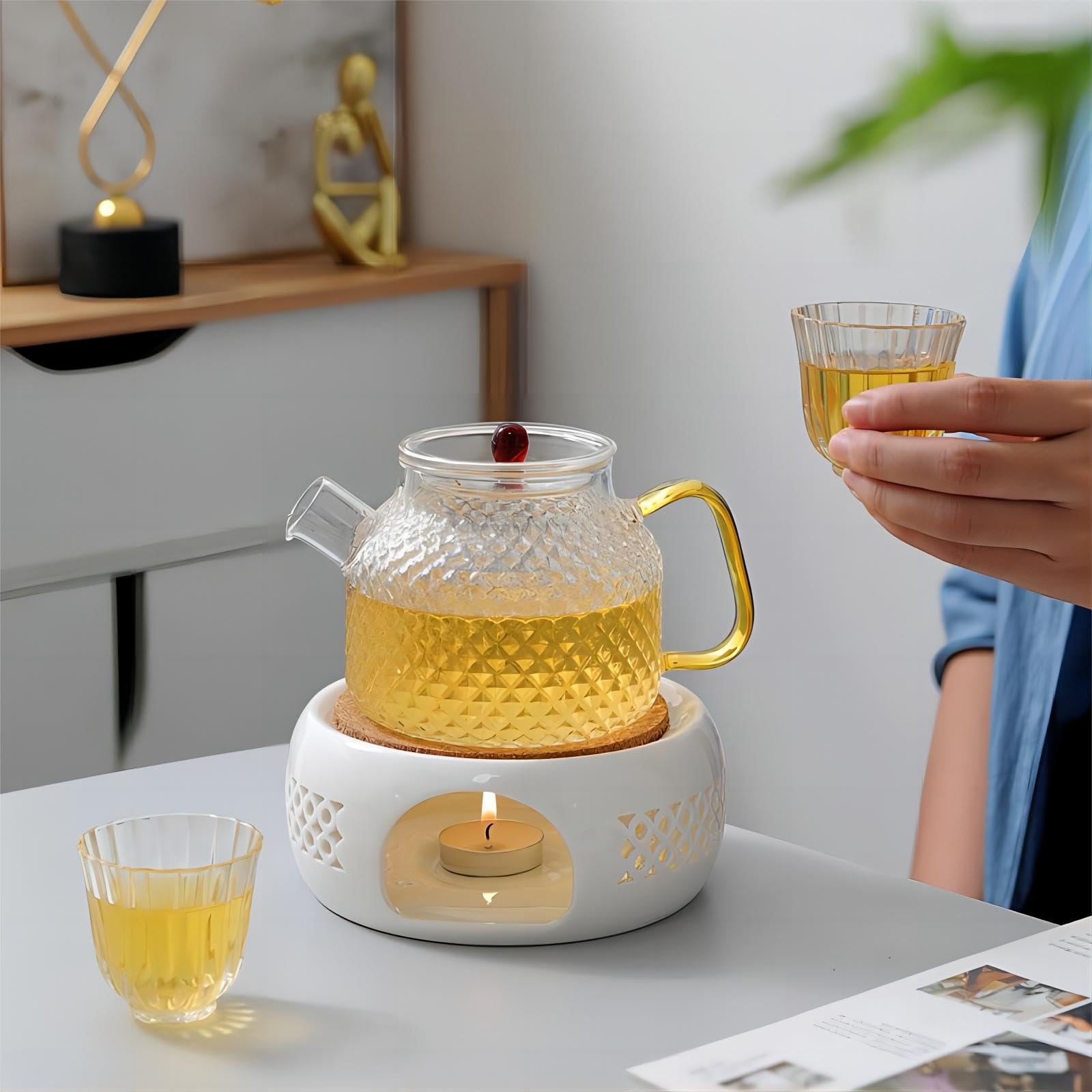 Ceramic Teapot Warmer With Cork Cushion, Teapot Heater, Tea Light Warmer, Suitable For Teapot And Mugs, 6 Inches