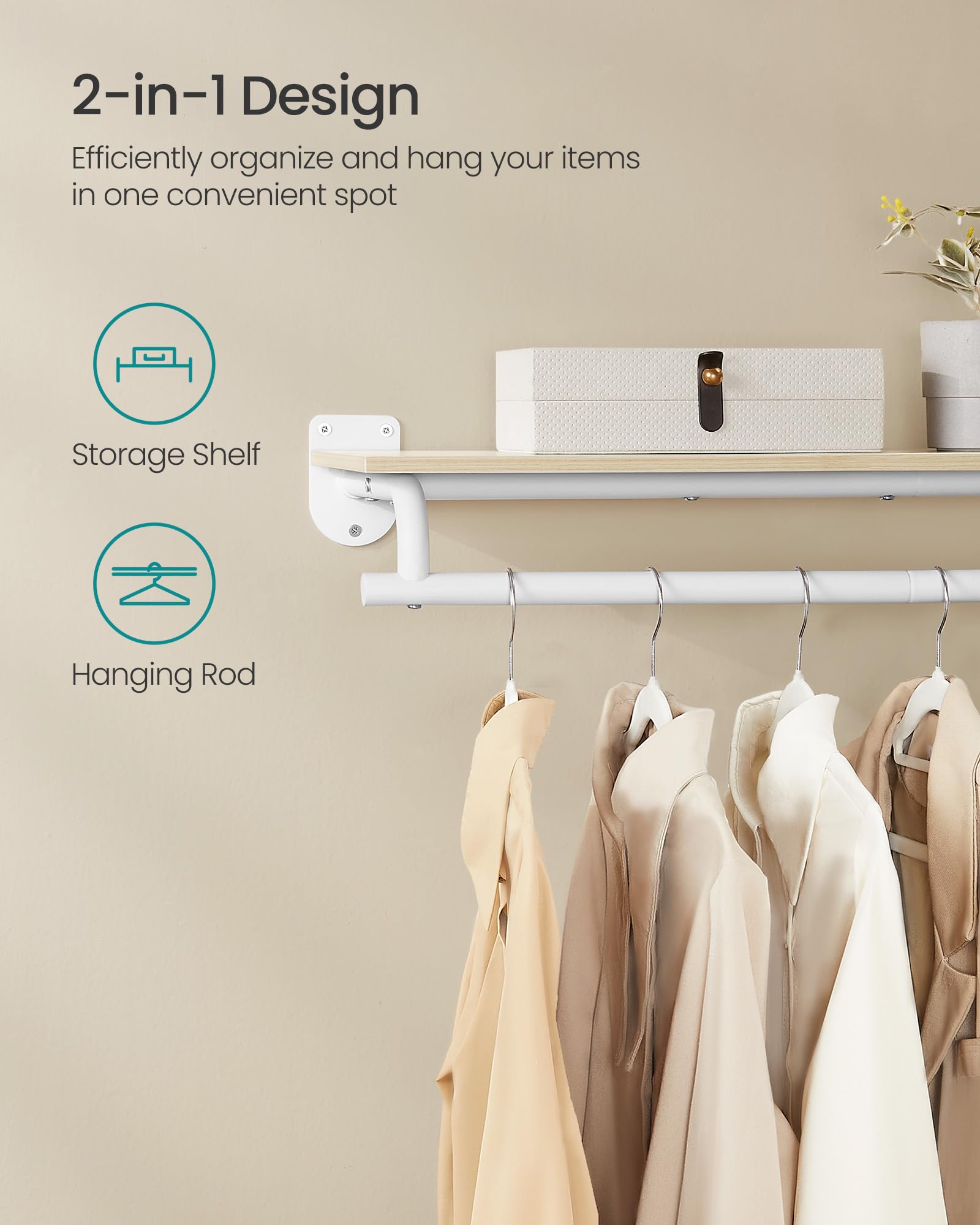 Songmics Clothes Rack With Top Shelf, Wall Mounted Clothing Rack, With Hanging Rod, Loads Up To 132 Lb, 11 X 42.9 X 5.2 Inches,