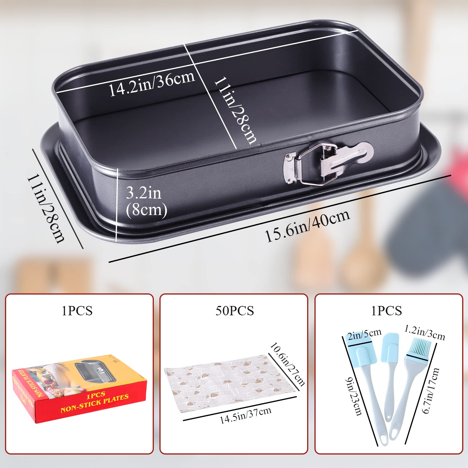Kenond Large Springform Cake Pan, 14 X 11-Inch Rectangle Cheesecake Pan, Tiramisu Bakeware With 50Pcs Wax Paper, 3Pcs Spatula Se