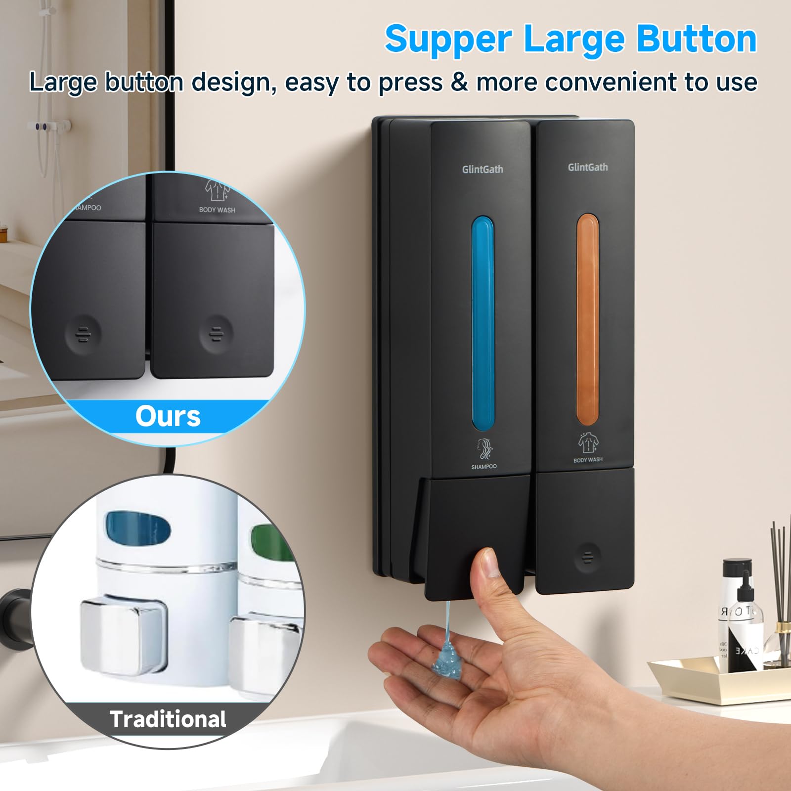 Shampoo And Conditioner Dispenser,Shower Soap Dispenser Shower Dispenser 2 Chamber No Drill Shampoo Dispenser For Shower Wall, B