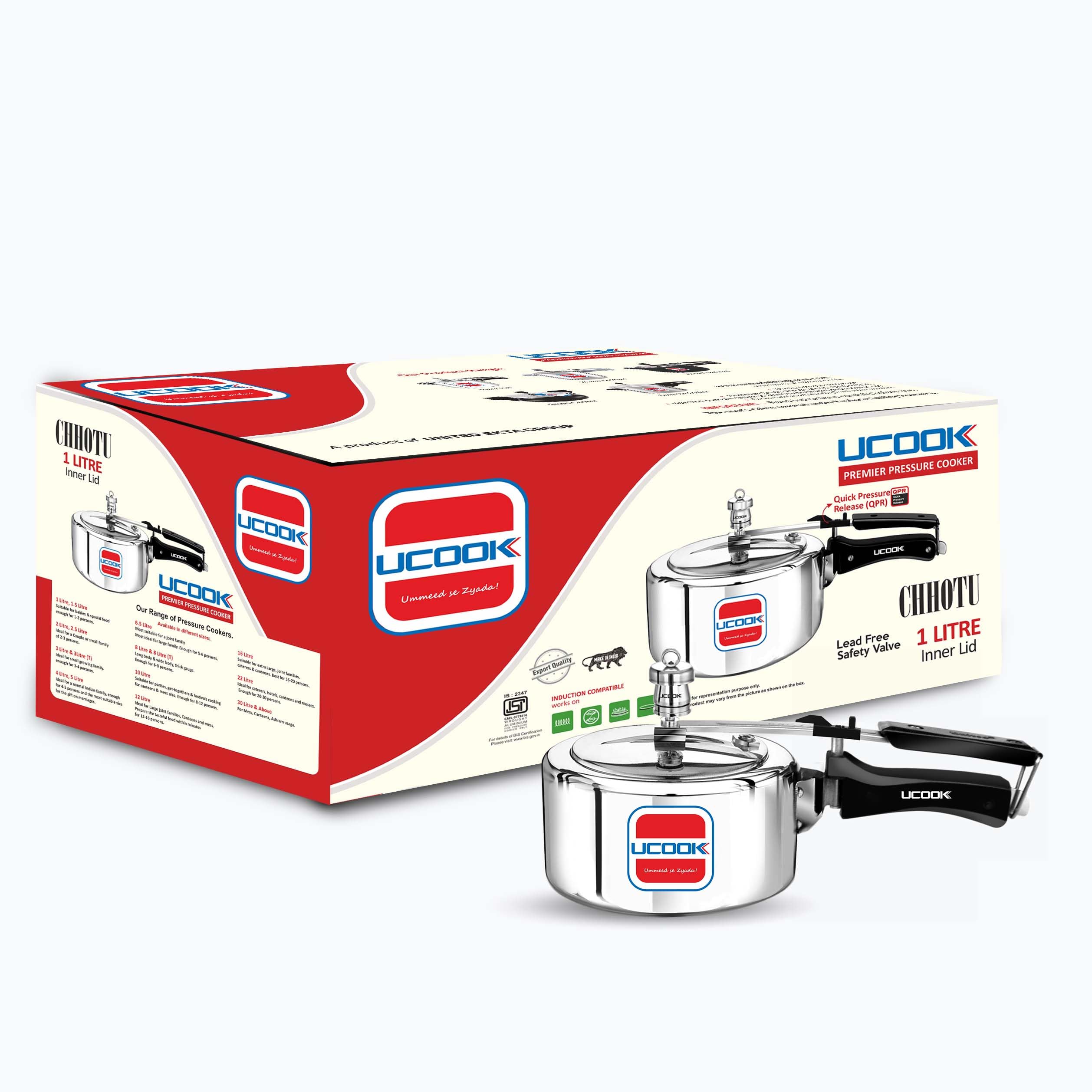 Ucook By United Ekta Engg. Chhotu 1 Litre Induction Inner Lid Aluminium Pressure Cooker, Silver