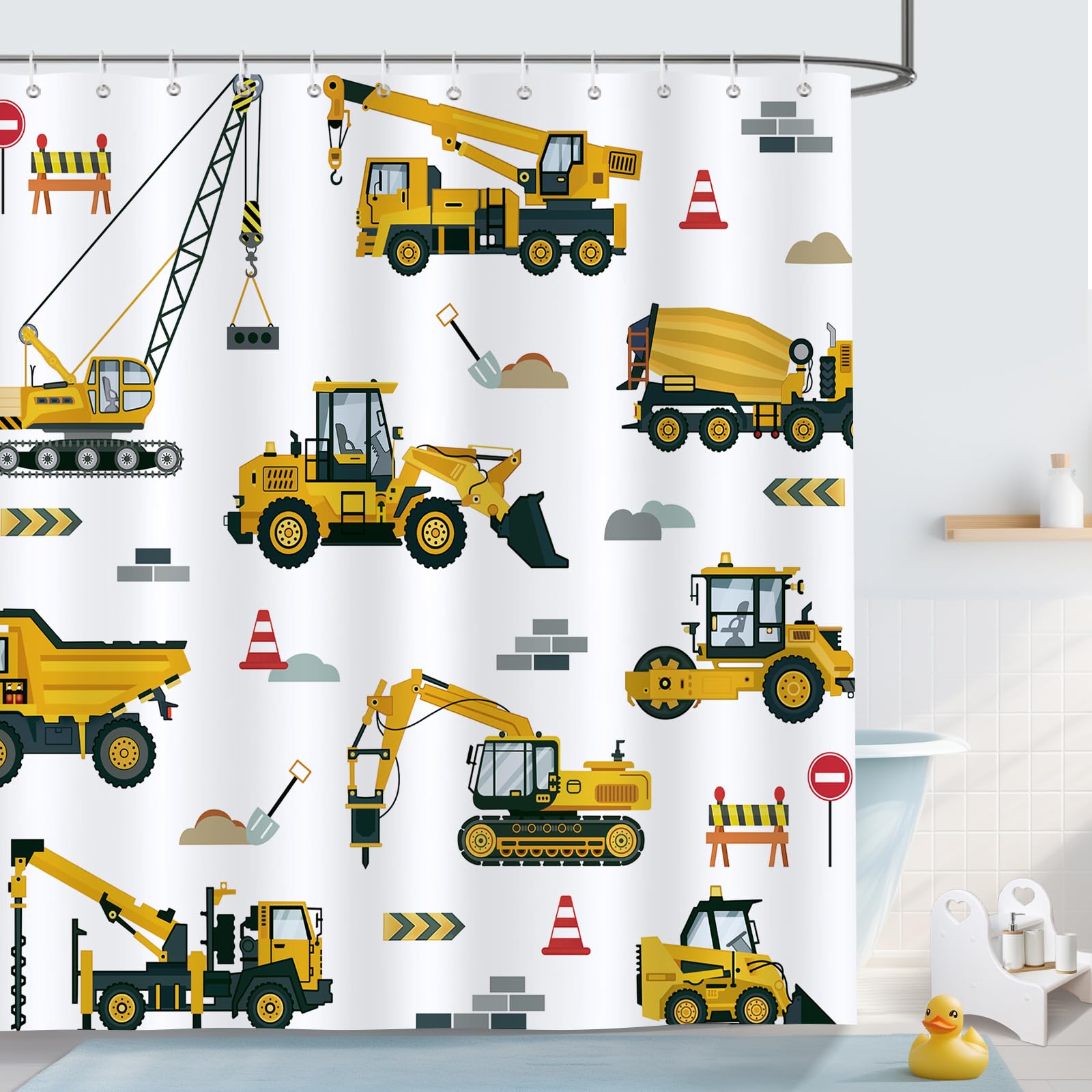 Bonhause Kids Construction Shower Curtain, Cartoon Machinery Vehicle Excavator Tractor Truck Car Shower Curtain For Boy 72X72 In