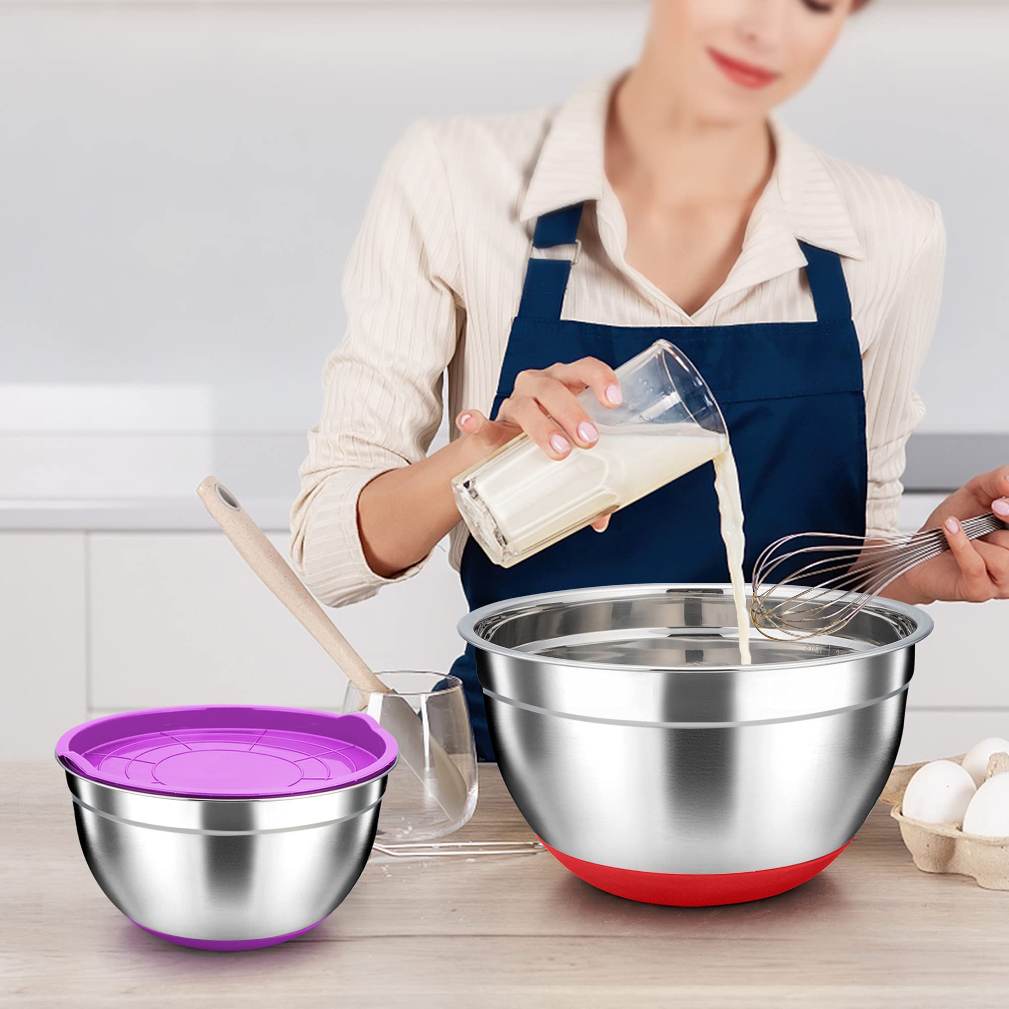 Teamfar Mixing Bowls, Stainless Steel Mixing Bowls With Lids, Nesting Salad Bowls With Air-Tight Lids & Non-Slip Bottom, Dishwas
