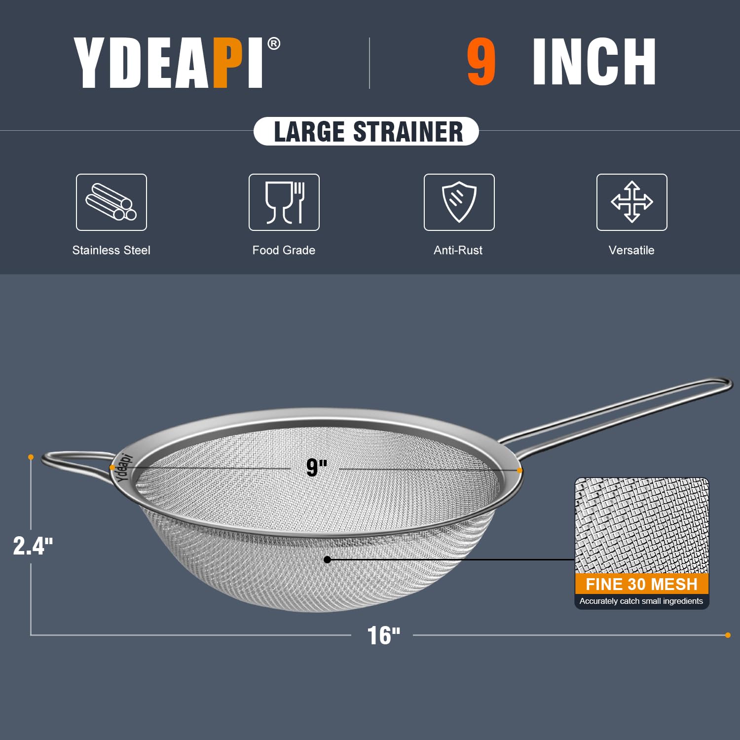 Ydeapi 9'' Large Fine Mesh Strainer With Handle, Metal Food Strainers For Kitchen, Sieve Fine Mesh Stainless Steel For Rice, Qui