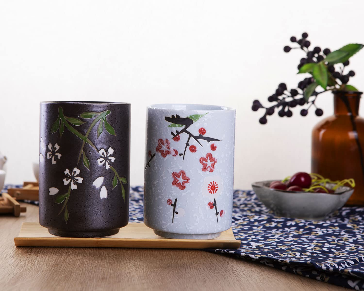 Whjy 10Oz Transitional Chinese/Japanese Style Handle-Less Ceramic Tea Cups Teacup, Flora Pattern Set Of 2