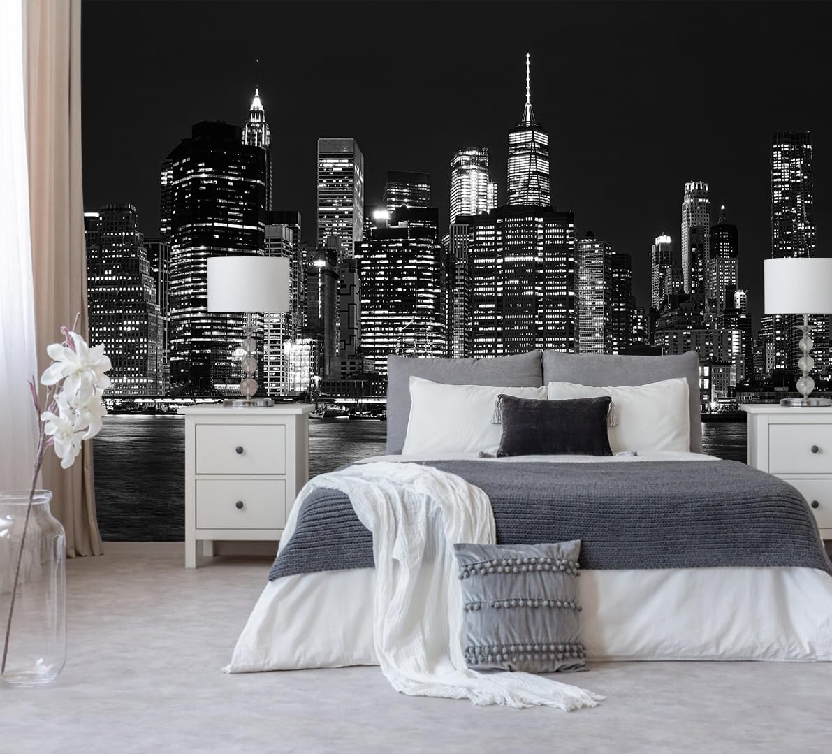 TUNDJ - Black City Wallpaper Peel and Stick New York Night Scene Self Adhesive Wall Mural for Living Room Bedroom 82x57