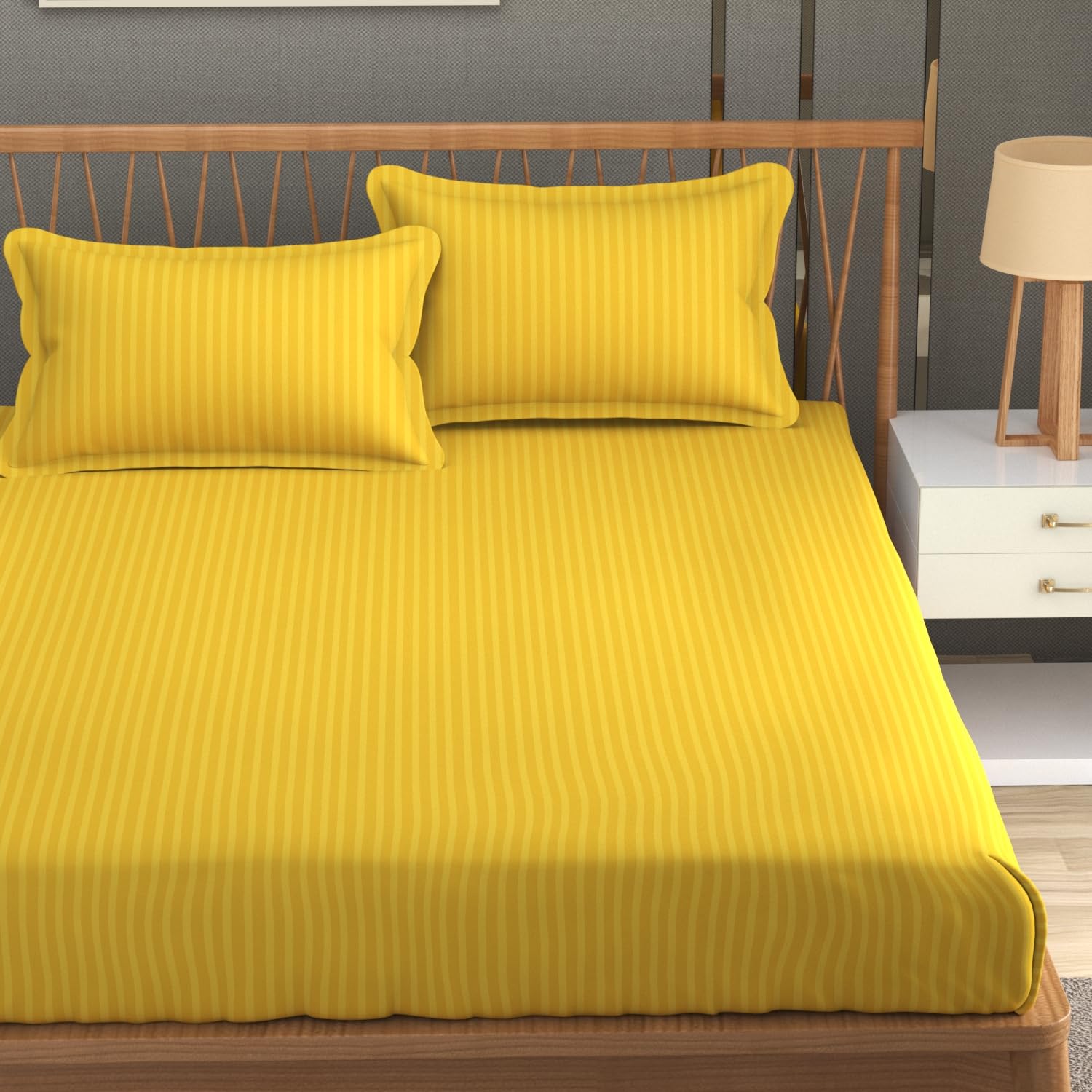 Homefab India 160 Tc Stripe Glace Cotton Double Bedsheet With 2 Pillow Covers - (90X90 Inches) - Yellow