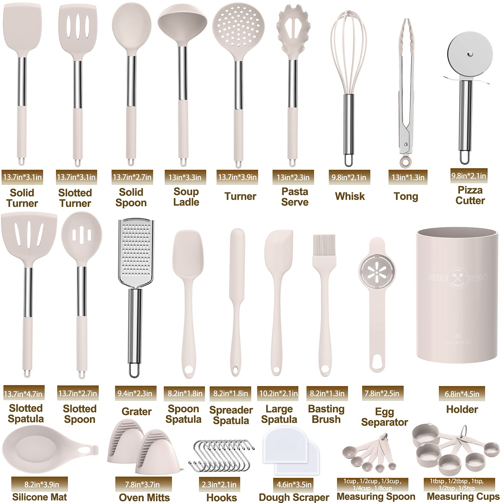Umite Chef Silicone Kitchen Utensil Set, 43 pcs Non-stick Heat Resistant Spatulas, Small, Khaki, Stainless Steel Handles