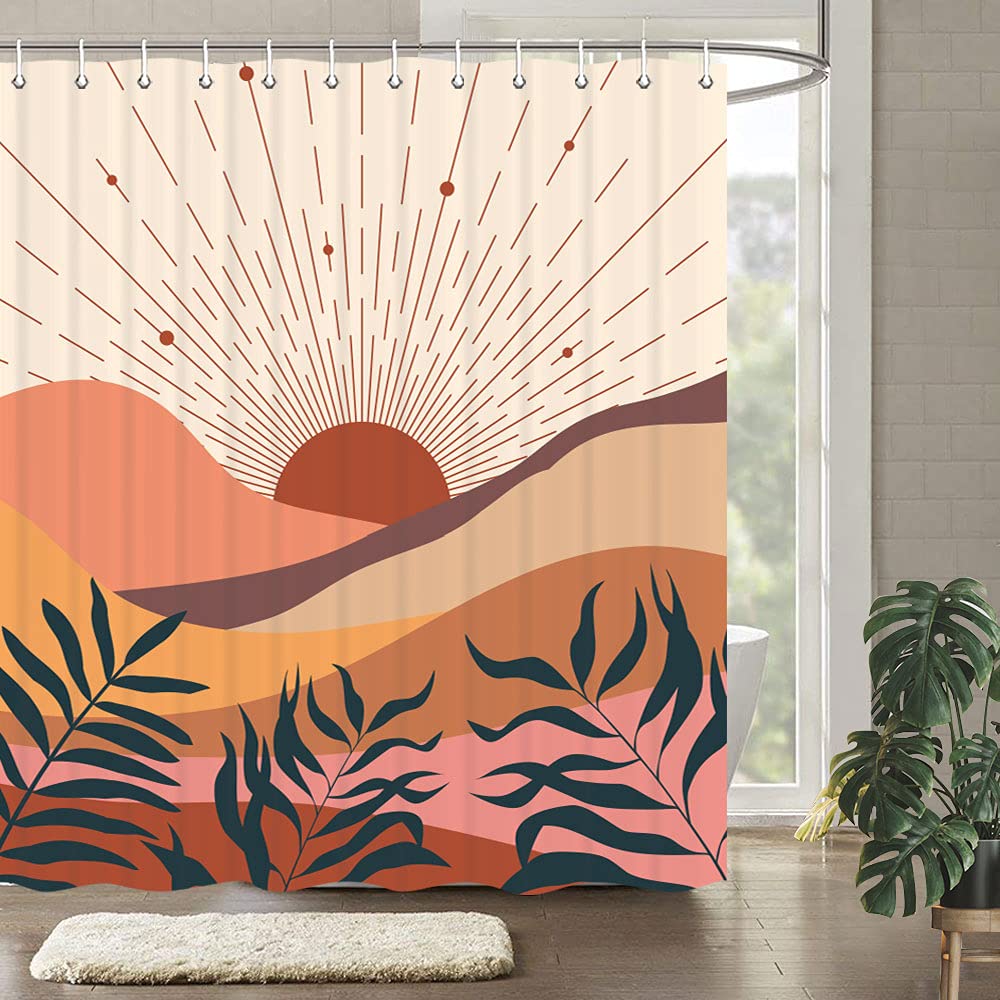 Viajar Boho Mid Century Shower Curtain, Minimalist Abstract Arch Shower Curtain Simple Sun Modern Shower Curtain Machine Washabl