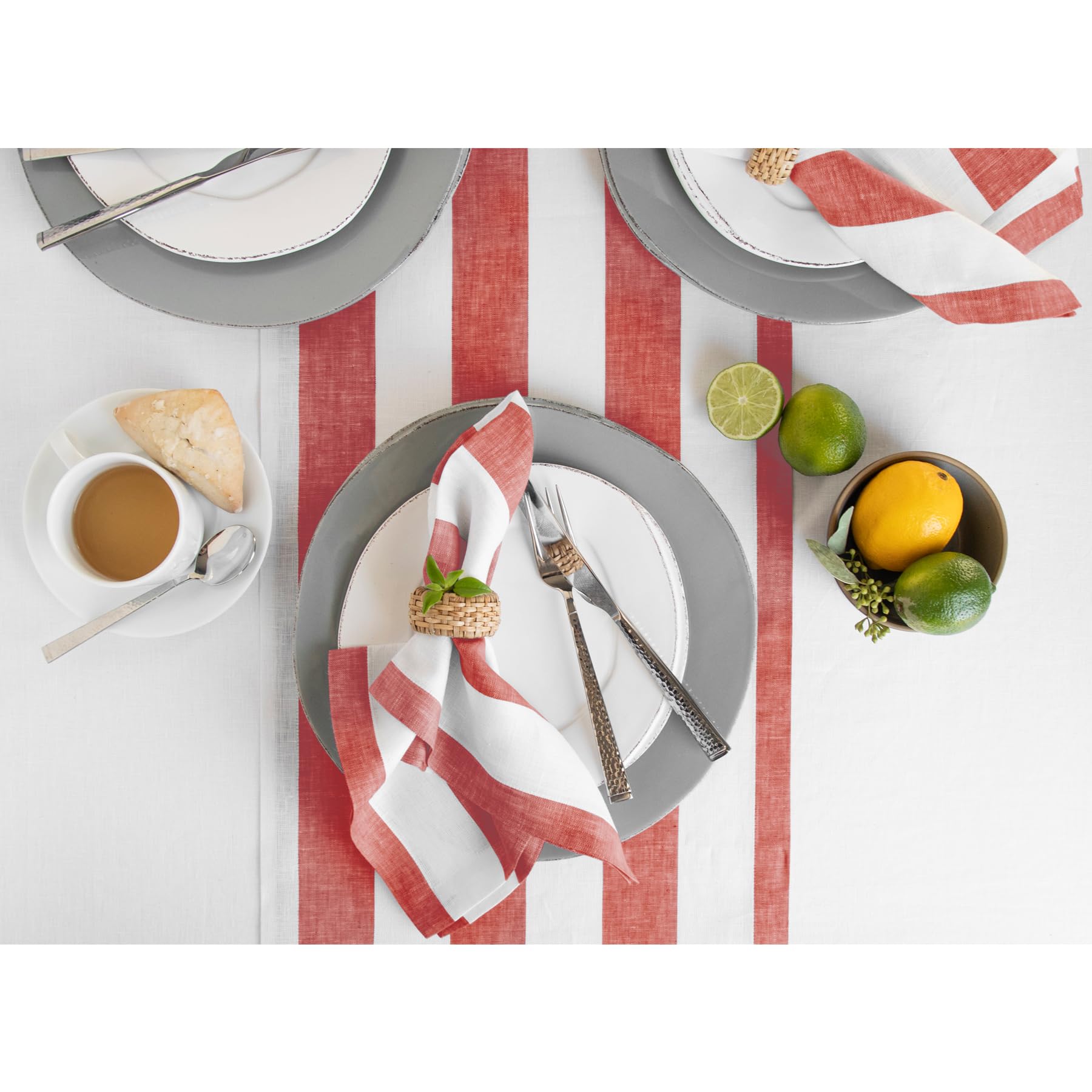Solino Home Cabana Stripe Linen Table Runner 14 X 108 Inches Long - 100% Pure Linen Red And White Table Runner For Spring - Hand