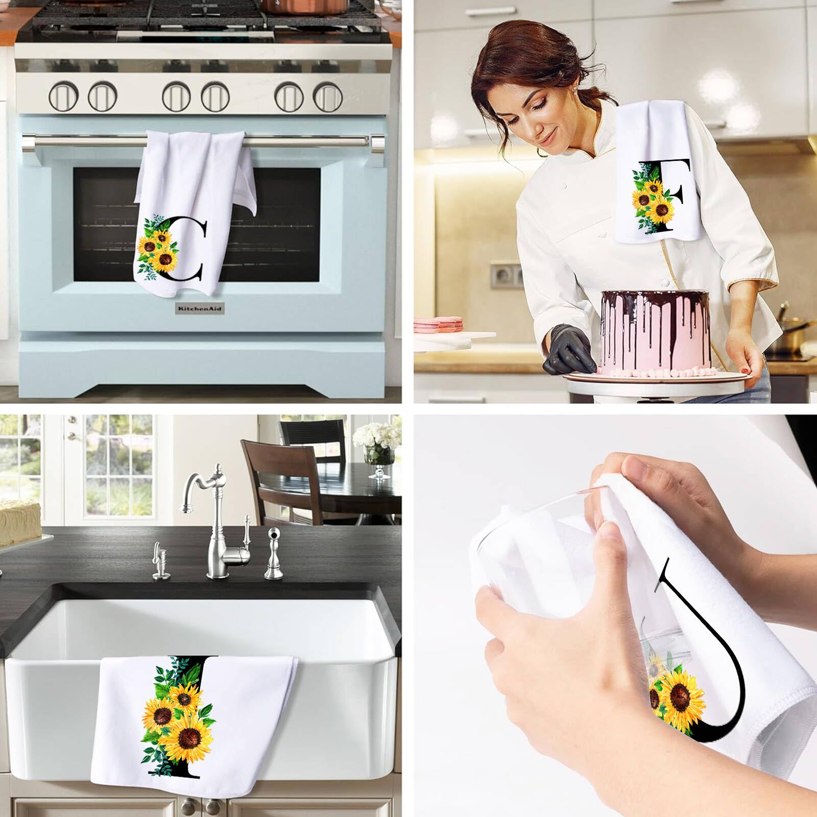 Z-synka Monogrammed Sunflower Hand Towels,Ini-tial B Tea Towel Letter Kitchen Towels,Sunflower Gifts for Women,Monogram Dish Tow