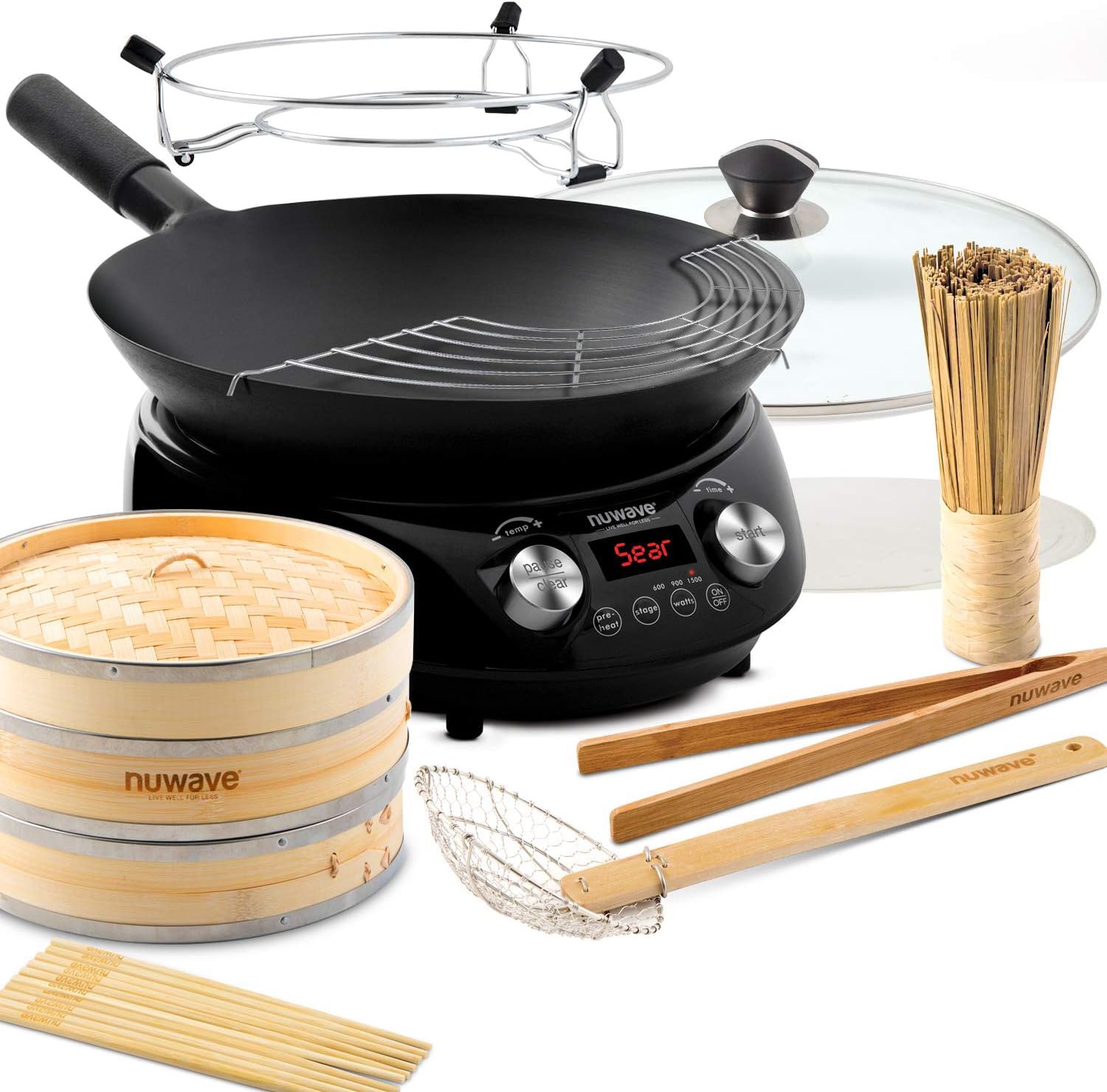 Nuwave Mosaic Induction Wok, Temp Control 100F-575F in 5F, Wok Hei, Infuse Charred Aroma & Flavor, 14-inch Carbon Steel Wok, 8pc