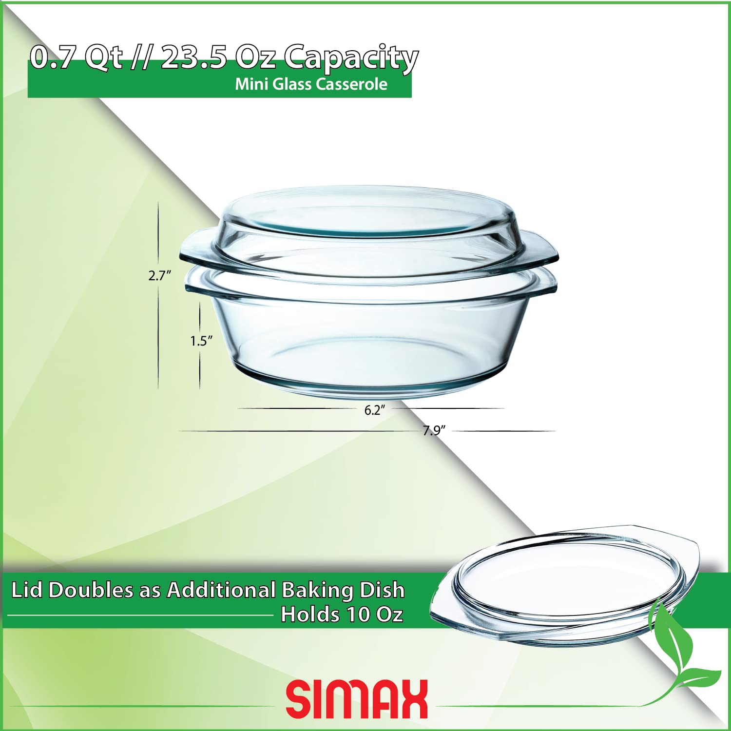 Simax Casserole Dish With Lid, 24 Ounce Round Glass Cookware, Oven And Microwave Safe Borosilicate Glass, Made In Europe 0.75 Qt