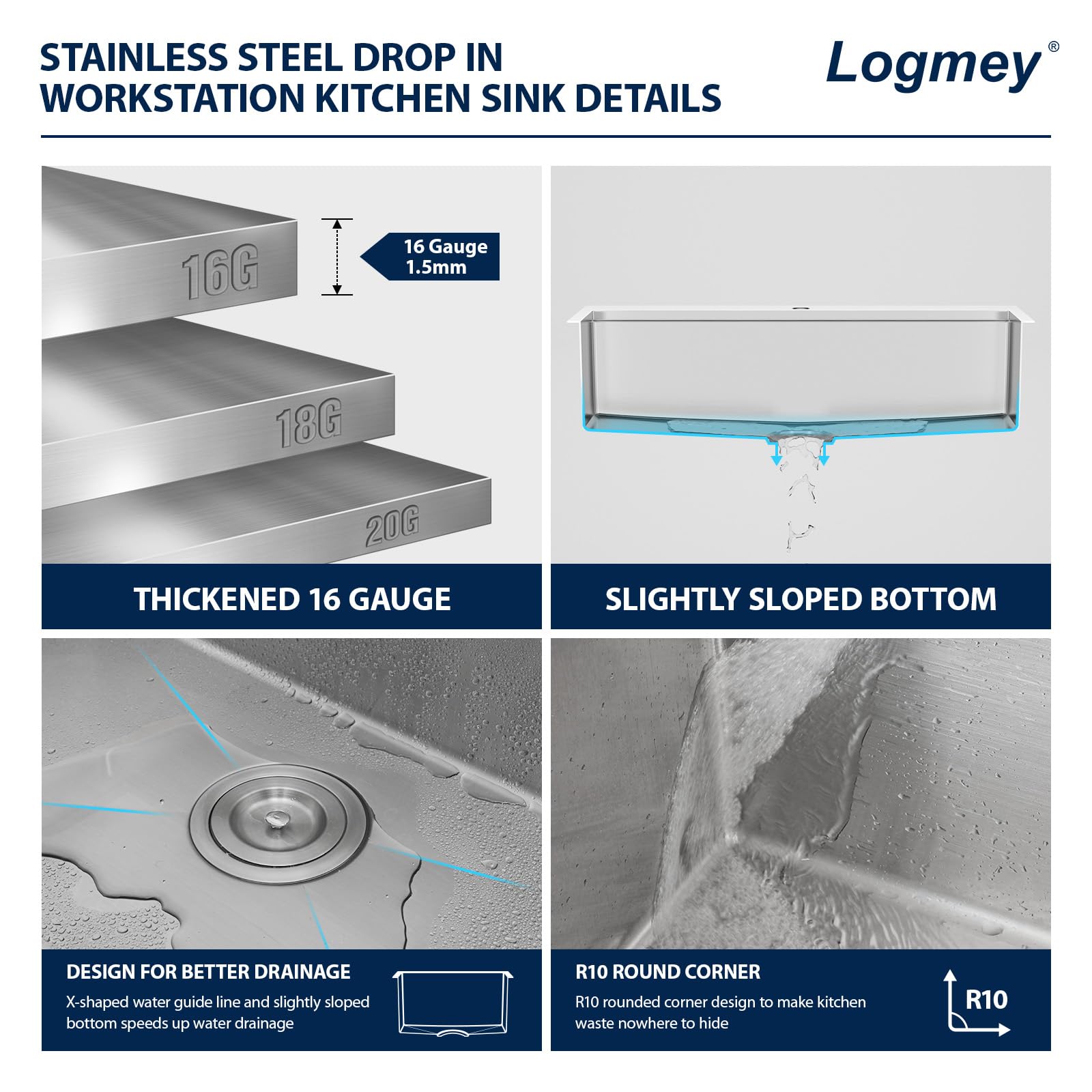 Logmey 33 Drop In Kitchen Sink 33X22 Inch Workstation Sink16 Gauge Stainless Steel Drop In Ledge Workstation Sink Single Bowl To