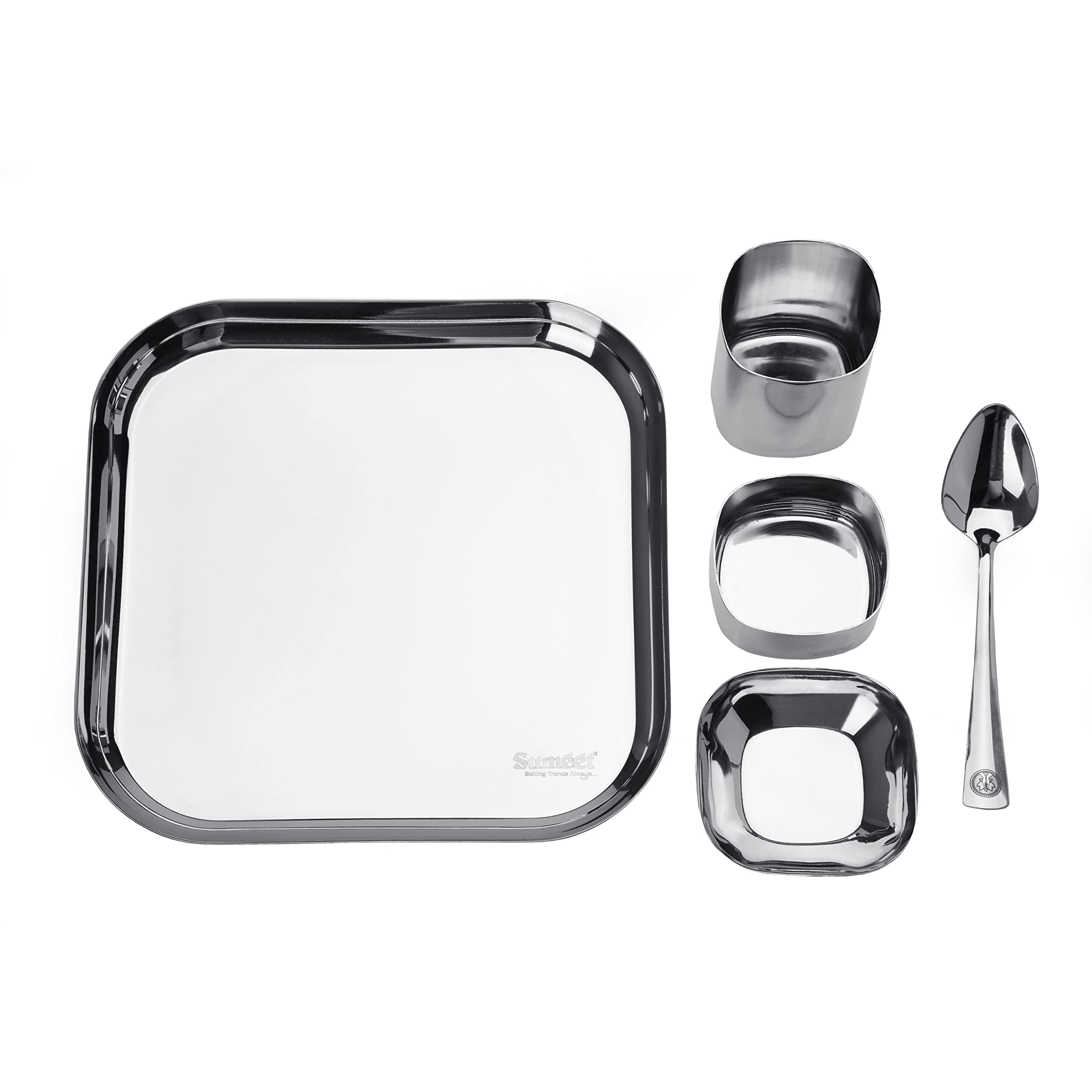 Sumeet Square Stainless Steel Heavy Gauge Mirror Finish Dinner Set Of 5 Pc (1 Plate, 1 Halwa Plate, 1 Bowl, 1 Glass, 1 Spoon)