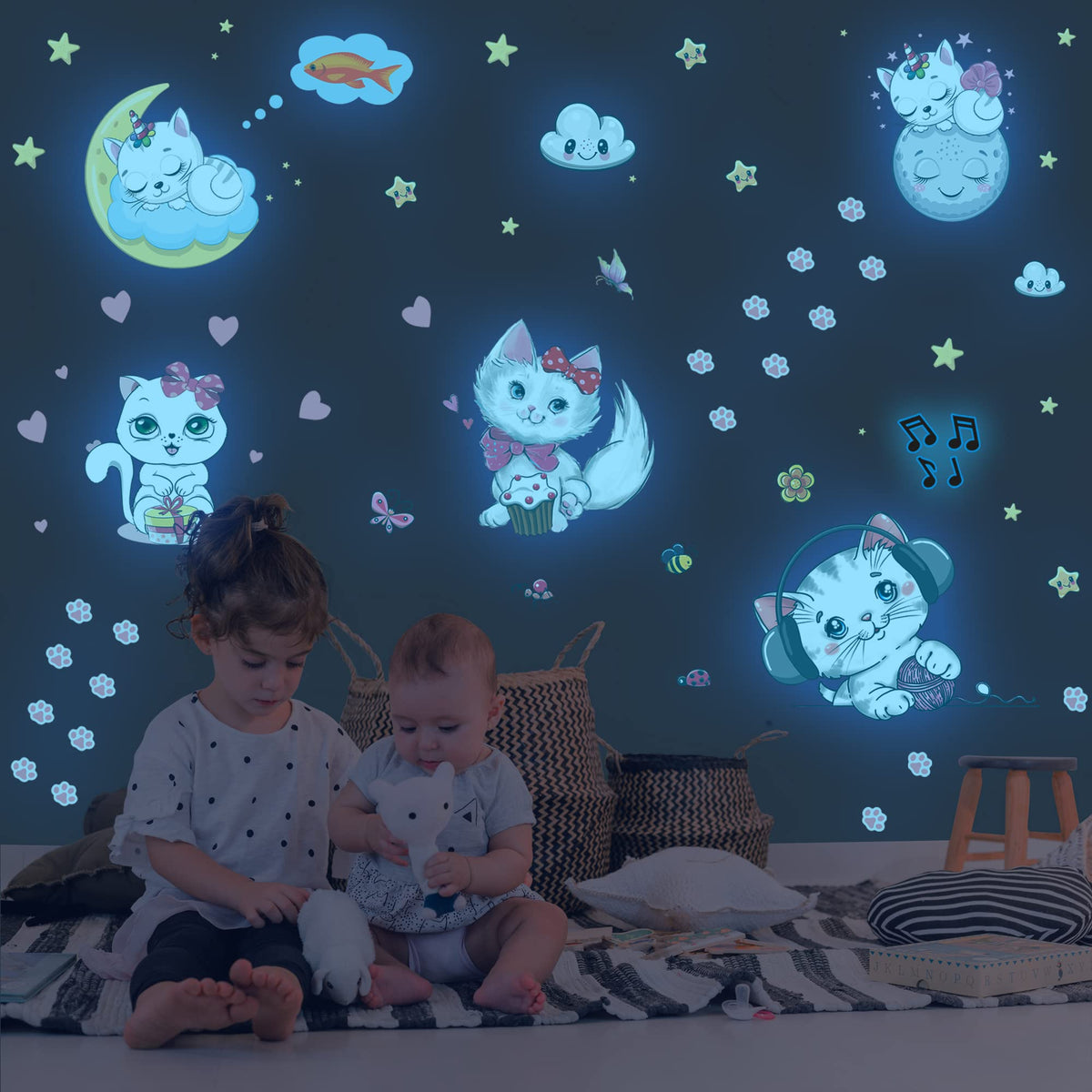 Glow In The Dark Stars For Girl'S Room, Glowing Cats Cartoon Wall/Ceiling Decals, Kitten Butterflies Stickers For Kids Bedroom,