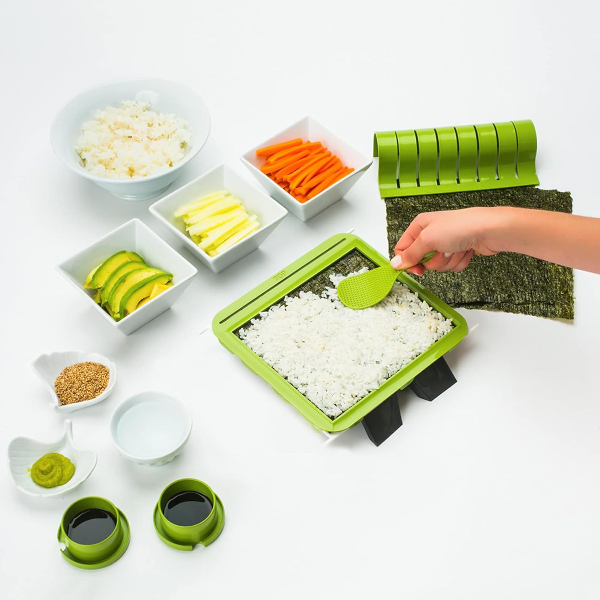 Sushiquik Sushi Making Kit With Rice Spreading Training Frame, Rice Paddle, Rolling Mat, Roll Cutter, Base, And Soy Sauce Caps -