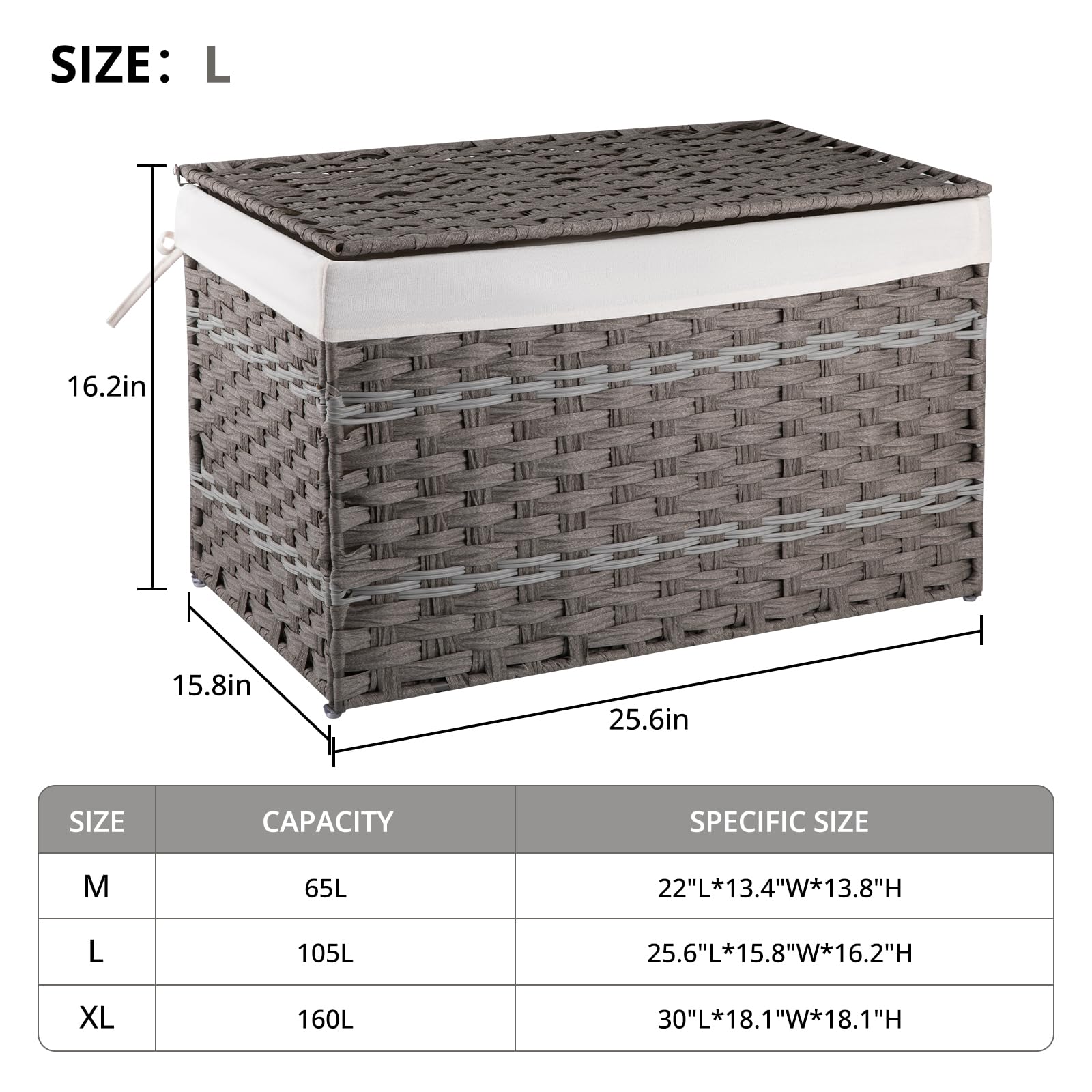 Oiahomy Storage Basket With Lid, 27.7 Gallon (105L) Blanket Basket With Removable Liner Bag, Synthetic Wicker Basket With Handle