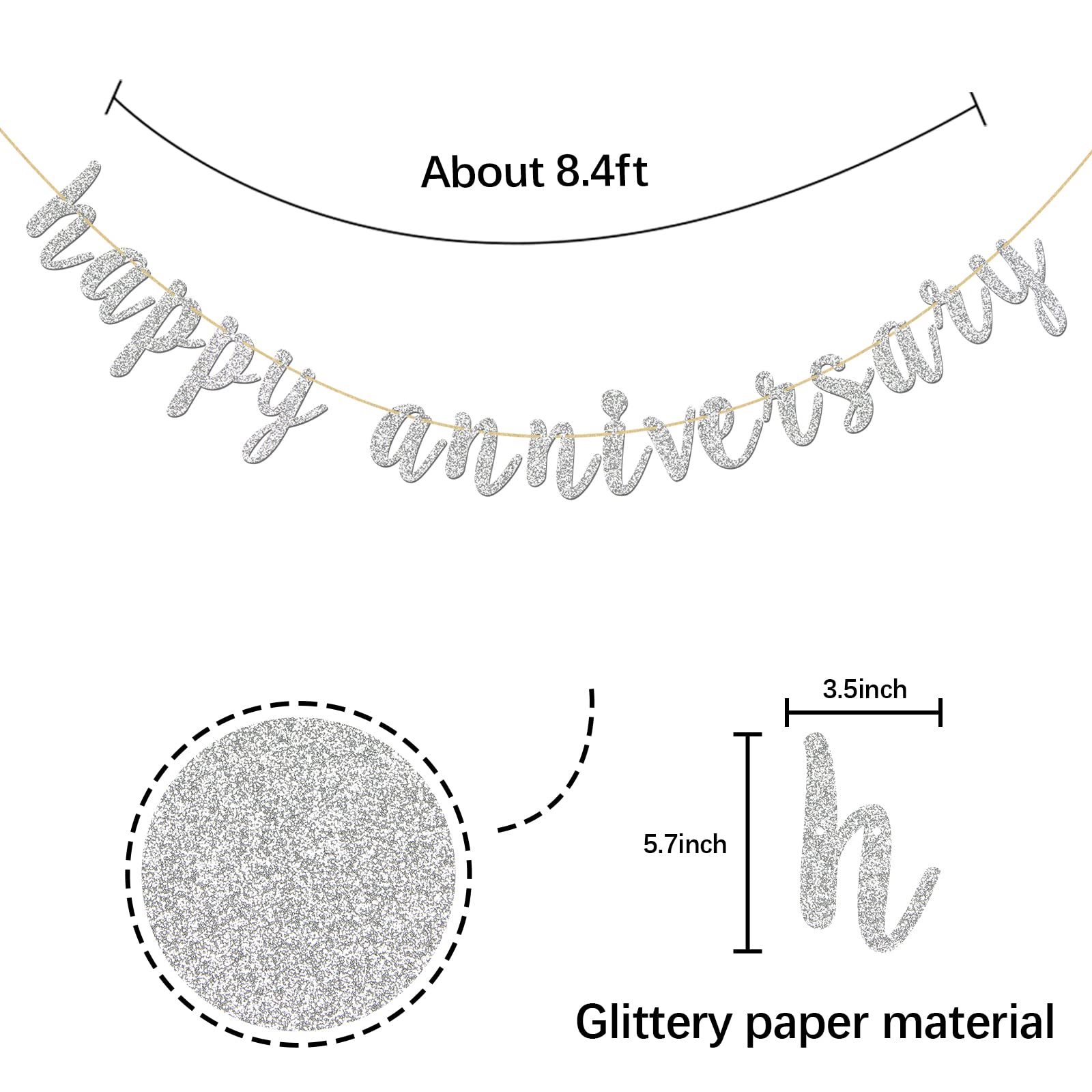 Innoru Glitter Silver Happy Anniversary Banner - Anniversary Sign - Birthday Banner - 1St Wedding Anniversary Party Bunting Deco