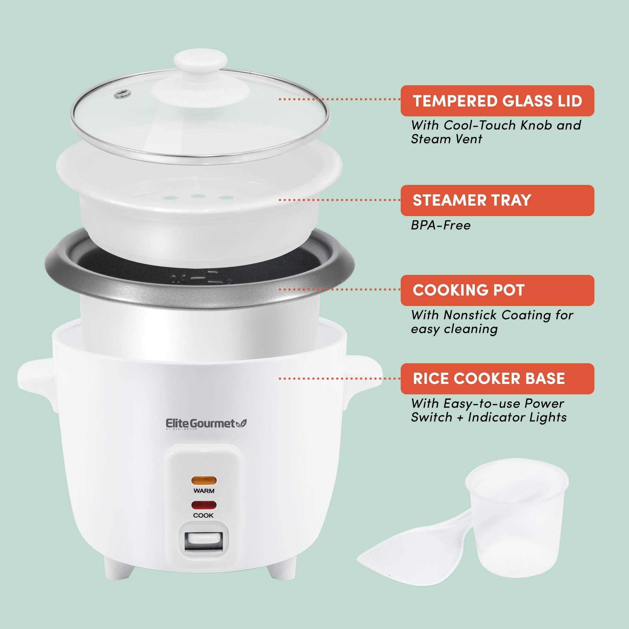 Elite Gourmet Electric Rice Cooker ERC-006NST, 6 Cups Cooked, Non-Stick Pot, White, Vented Tempered Glass Lid