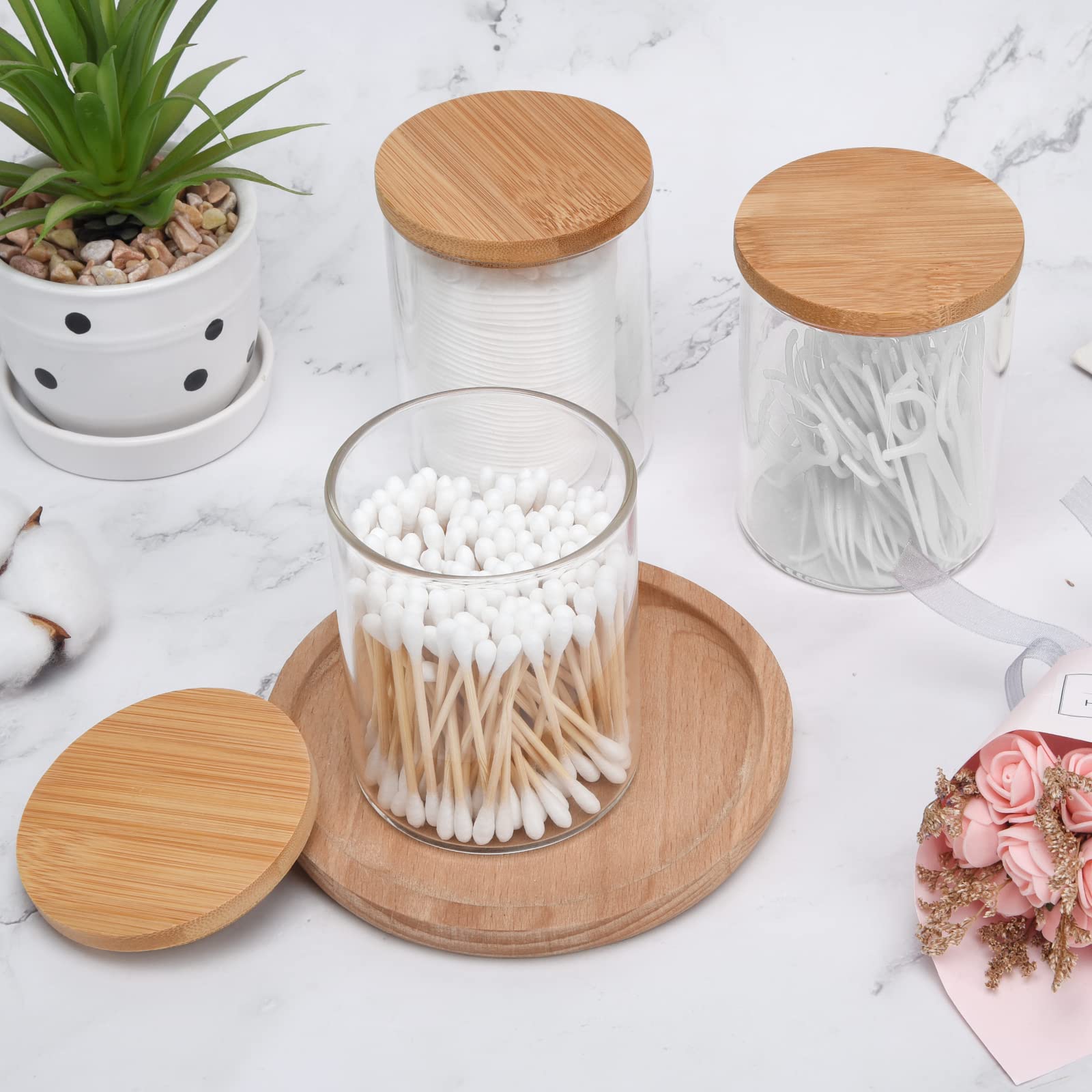 BKYFPQ 3 Pack Glass Qtip Holder Dispenser Bathroom Jars with Bamboo Lids  Cotton Ball Pad Round Swab Holder for Bathroom Accessories Storage Organizer Farmhouse Bathroom Decor  Boho Bathroom Decor.
