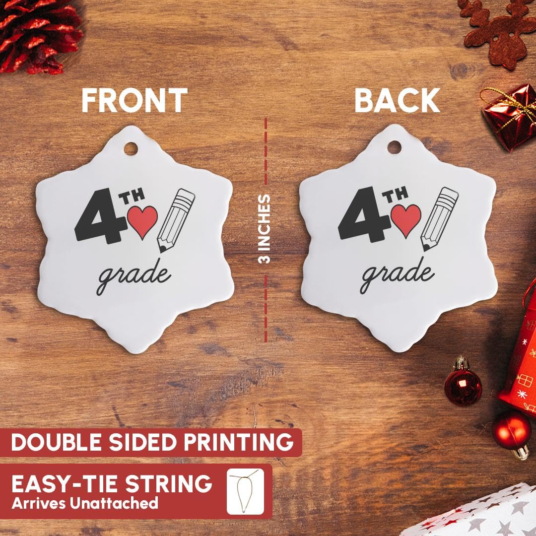 3 inch Snowflake Porcelain Ornament - 4th Grade with Clipart red Heart and Pencil. Black Lettering on White. Stamp City - Typogr