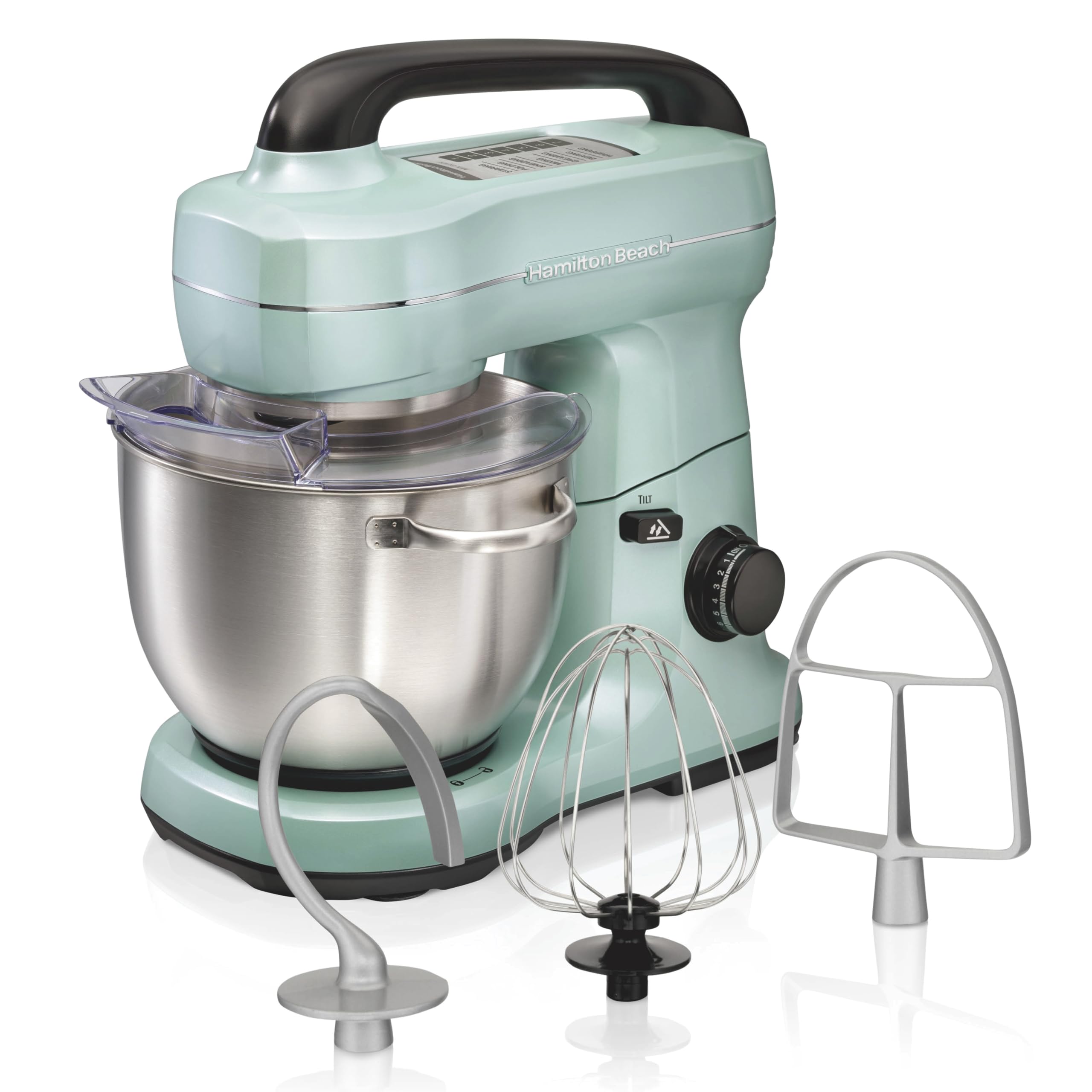 Hamilton Beach Electric Stand Mixer, 4 Quarts, Dough Hook, Flat Beater Attachments, Splash Guard, 7 Speeds With Whisk, Aqua