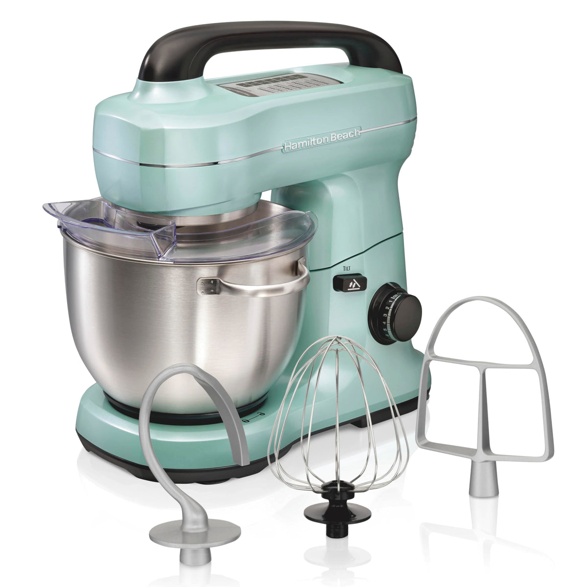 Hamilton Beach Electric Stand Mixer, 4 Quarts, Dough Hook, Flat Beater Attachments, Splash Guard, 7 Speeds With Whisk, Aqua