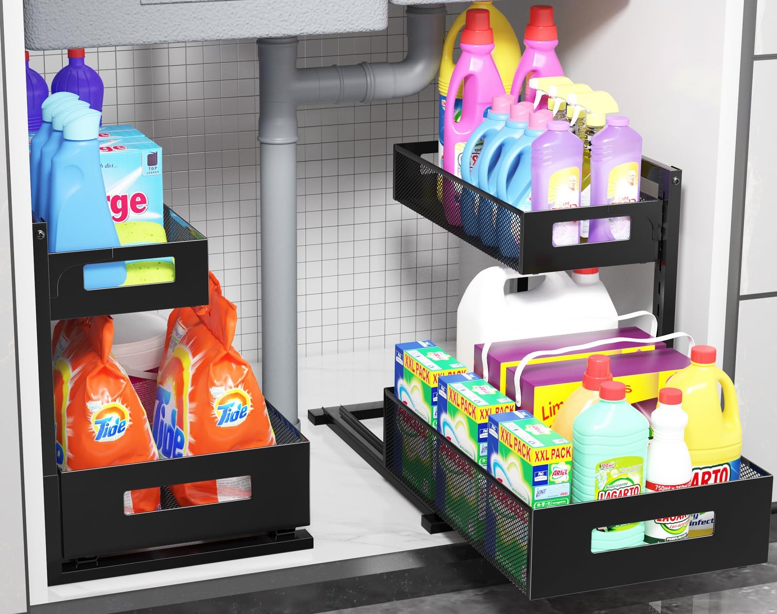 Under Sink Organizer Pull Out Cabinet Organizer Adjustable Height 2 Tier Bathroom Organizer With Sliding Drawers Kitchen Organiz