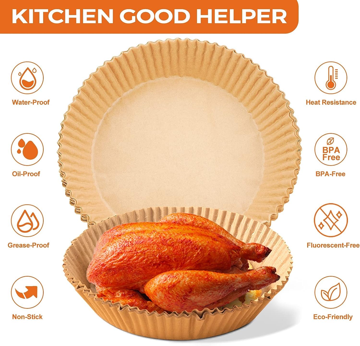 Vailnd 9Inch Round Air Fryer Disposable Paper Liners, 125Pcs Non-Stick Food Grade Air Fryer Parchment Liner, Oil Resistant, Wate