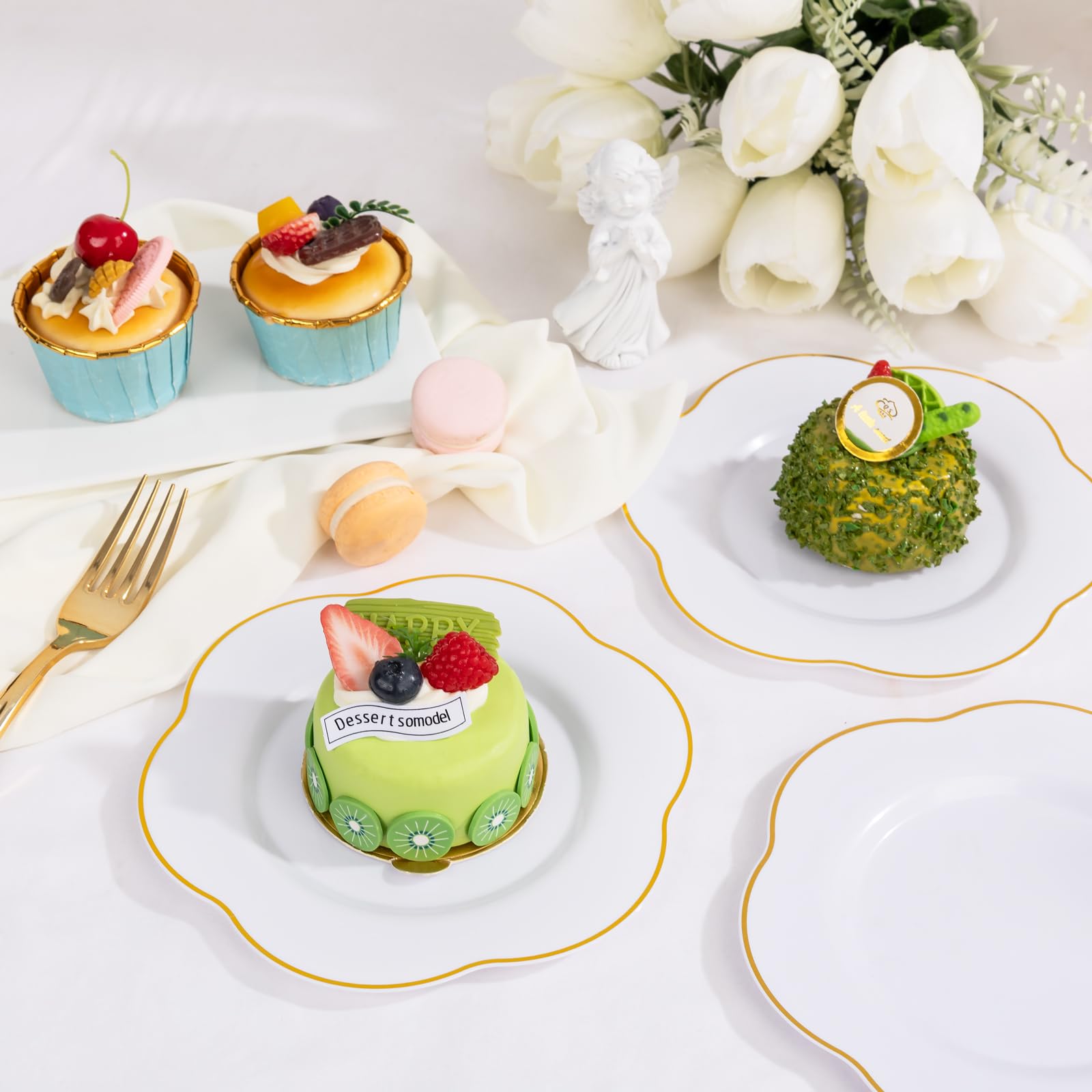 Liacere 100PCS White and Gold Dessert Plates- Disposable 7inch Floral Appetizer Cake Small Plates, Perfect for Wedding & Party &