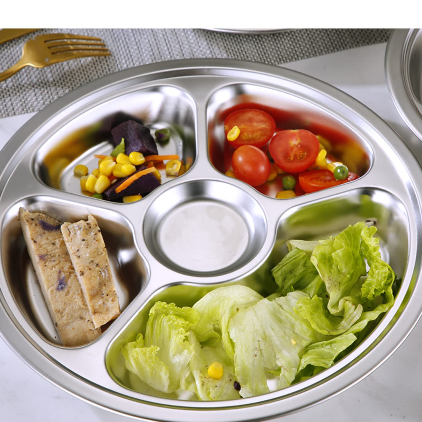 Zoofox Set Of 4 Stainless Steel Divided Dinner Plate, Stainless Steel Plates With 5 Sections, Round Serving Platter, Cafeteria M