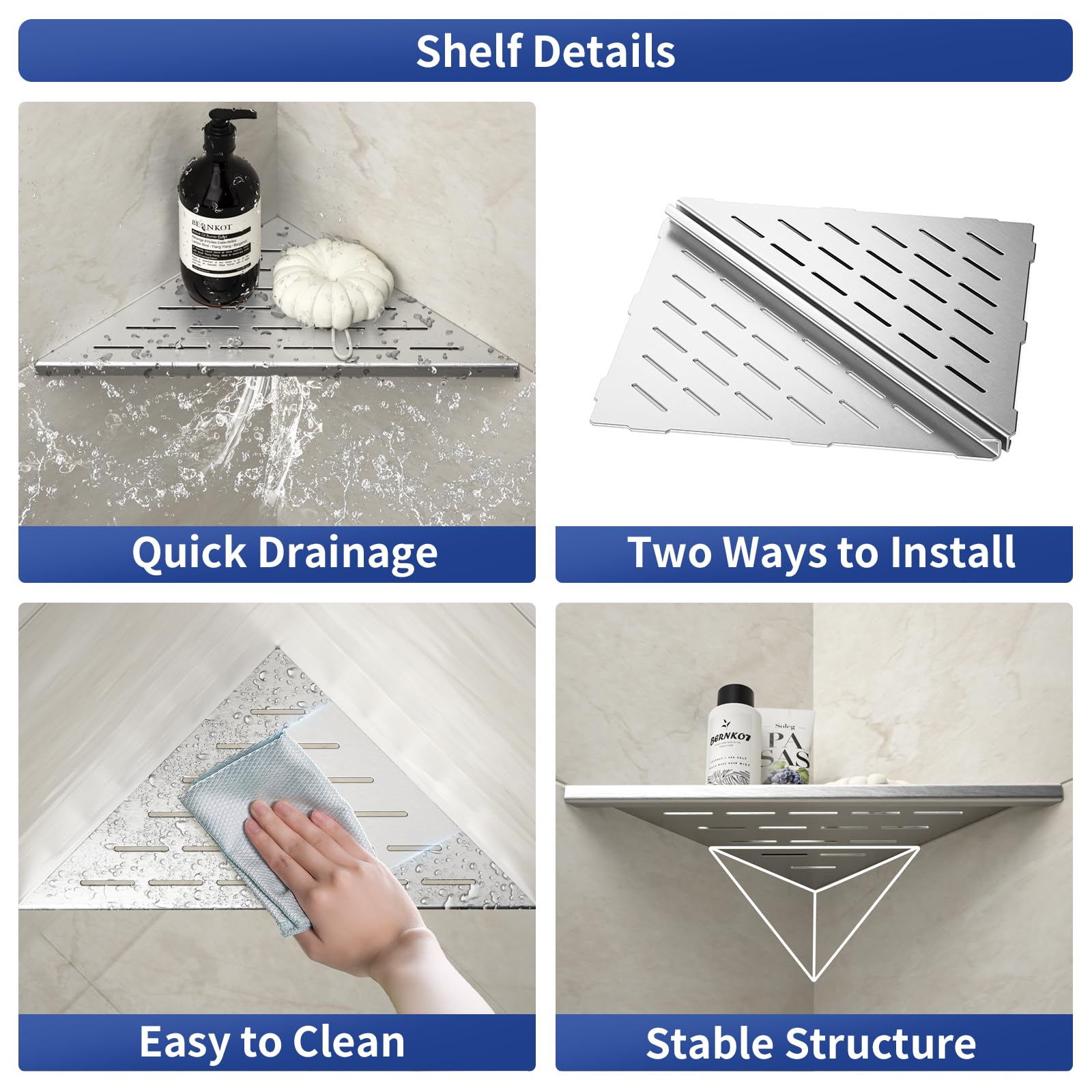 Bernkot Corner Shower Shelf, 12'' Brushed 304 Stainless Steel Slot Design Recessed Corner Shelves 2 Pack Bathroom Shelf Rack For