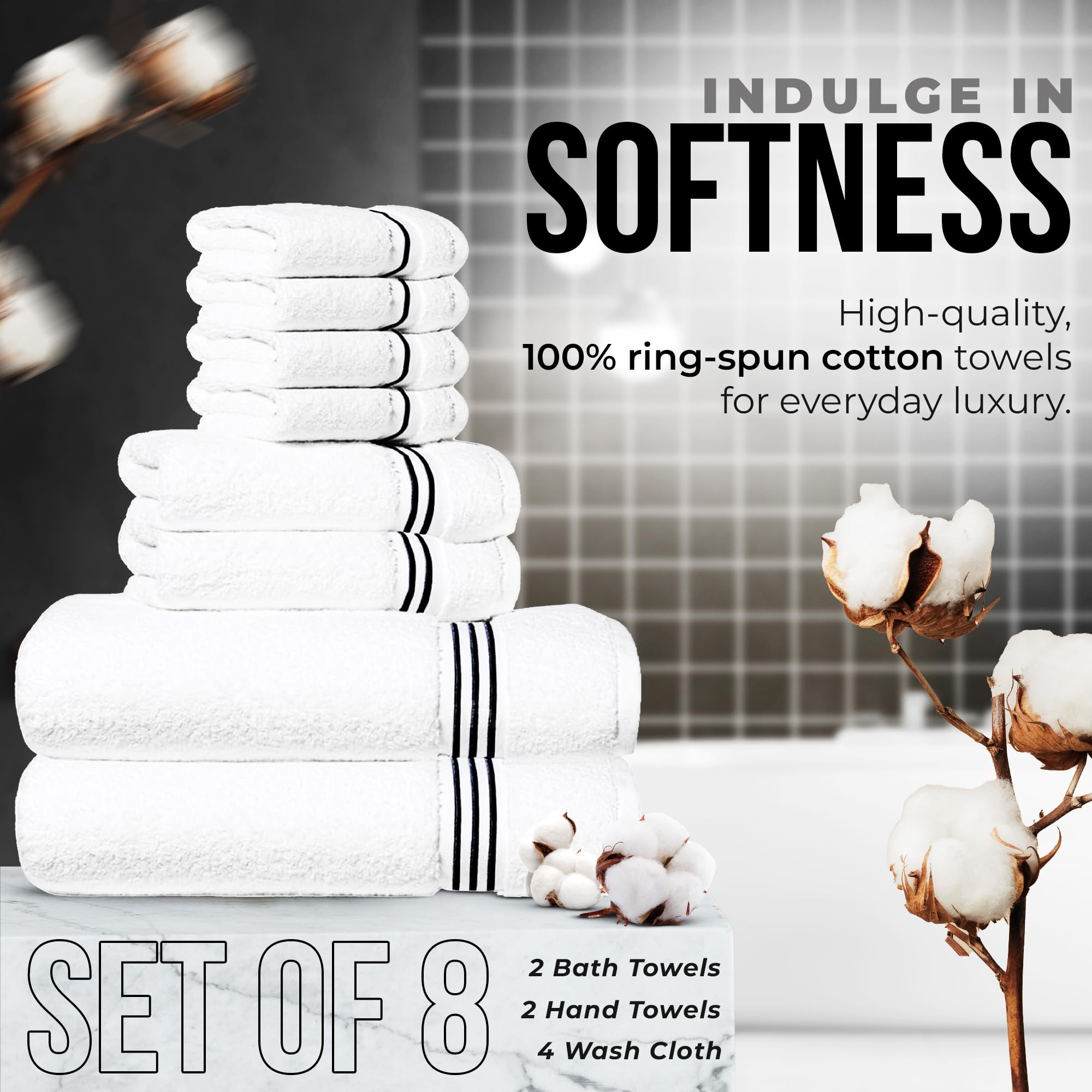 Simpli-Magic 8-Piece Premium Towel Set, 2 Bath Towels, 2 Hand Towels, And 4 Wash Cloths, 100% Ring Spun Cotton Highly Absorbent
