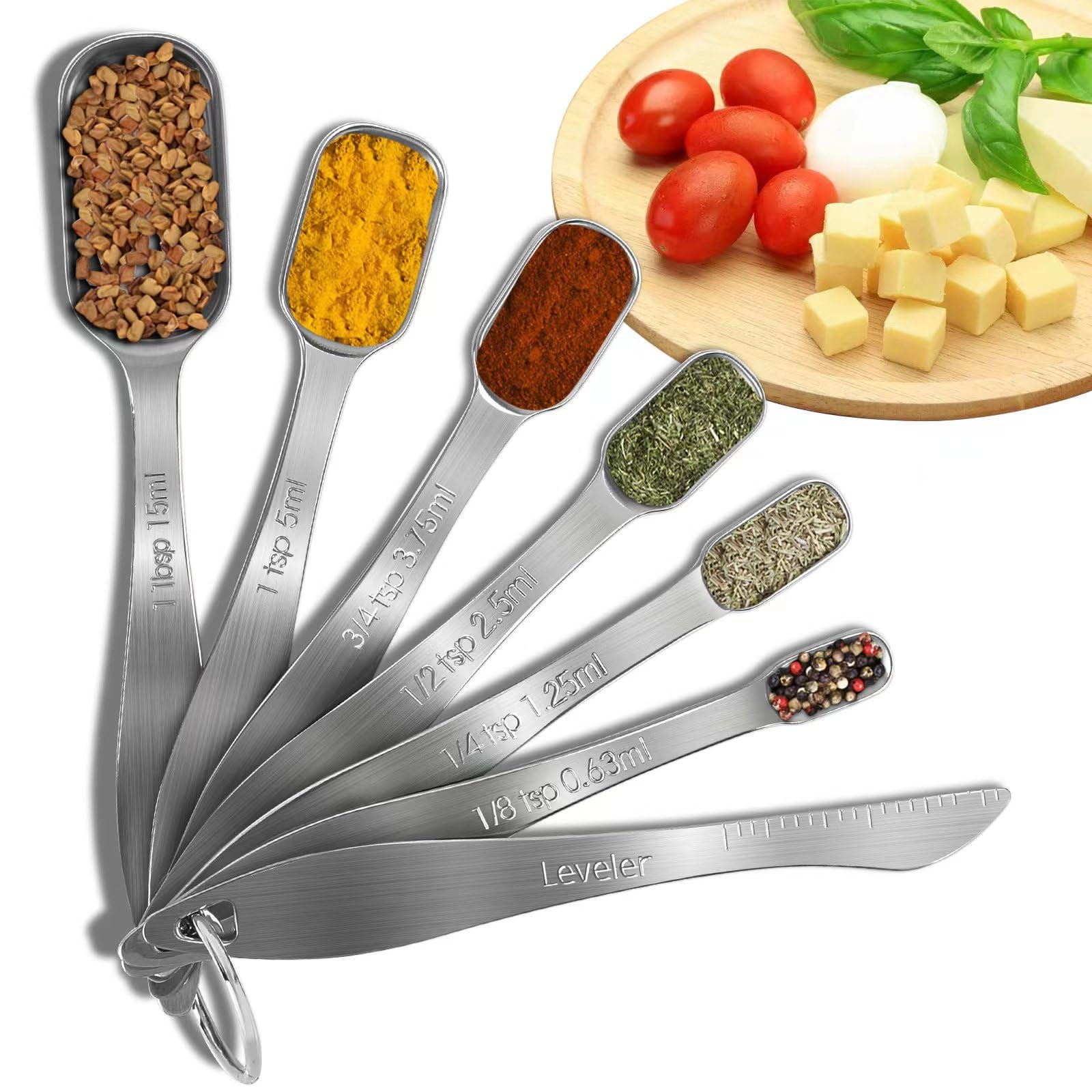 Stainless Steel Measuring Spoons, Premium Heavy Duty Metric Small Tablespoon 7-Piece Set:1/8 Tsp, 1/4 Tsp, 1/2 Tsp, 3/4 Tsp, 1 T