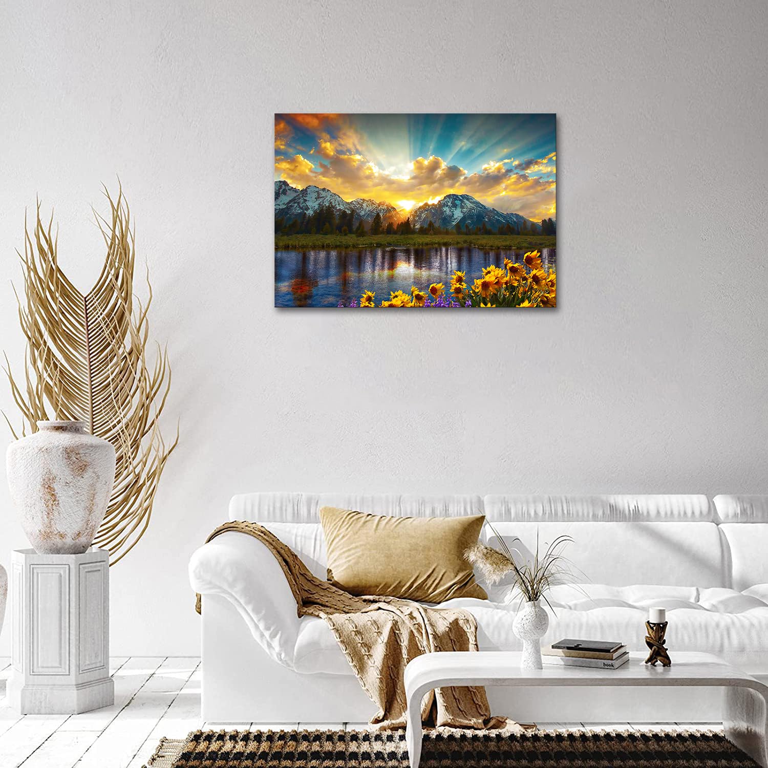 Skasnfai Grand Teton National Park Wall Art Sunflower Landscape Canvas Mountain Artwork Landscape Print For Living Room Framed (