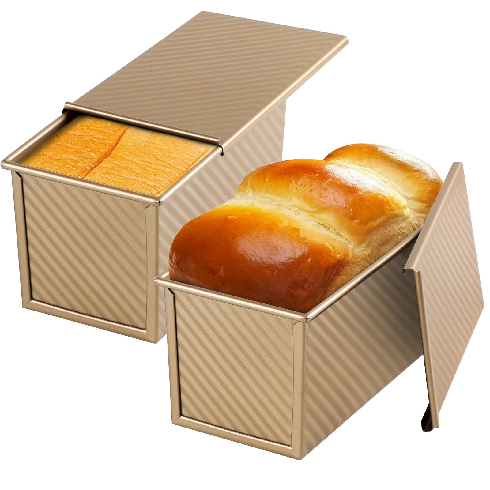 Beasea Pullman Loaf Pan 2 Pack, 1 lb Non-Stick Bread Pan with Lid Carbon Steel Gold Toast Box Mold With Cover For Bakeware Bread