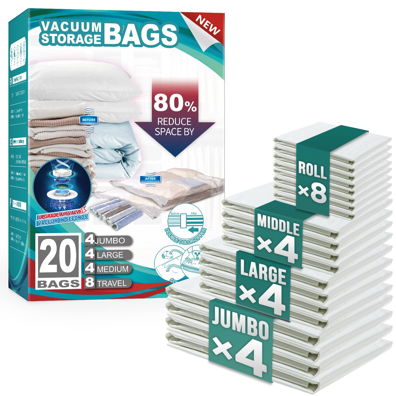 TAILI 20 Pack Vacuum Storage Bags  Space Saver Bags (4 Jumbo  4 Large  4 Medium  8 Rolling)  Storage Bags Vacuum Sealed for Clothes  Beddings  Comforters  Saving More Closet Space