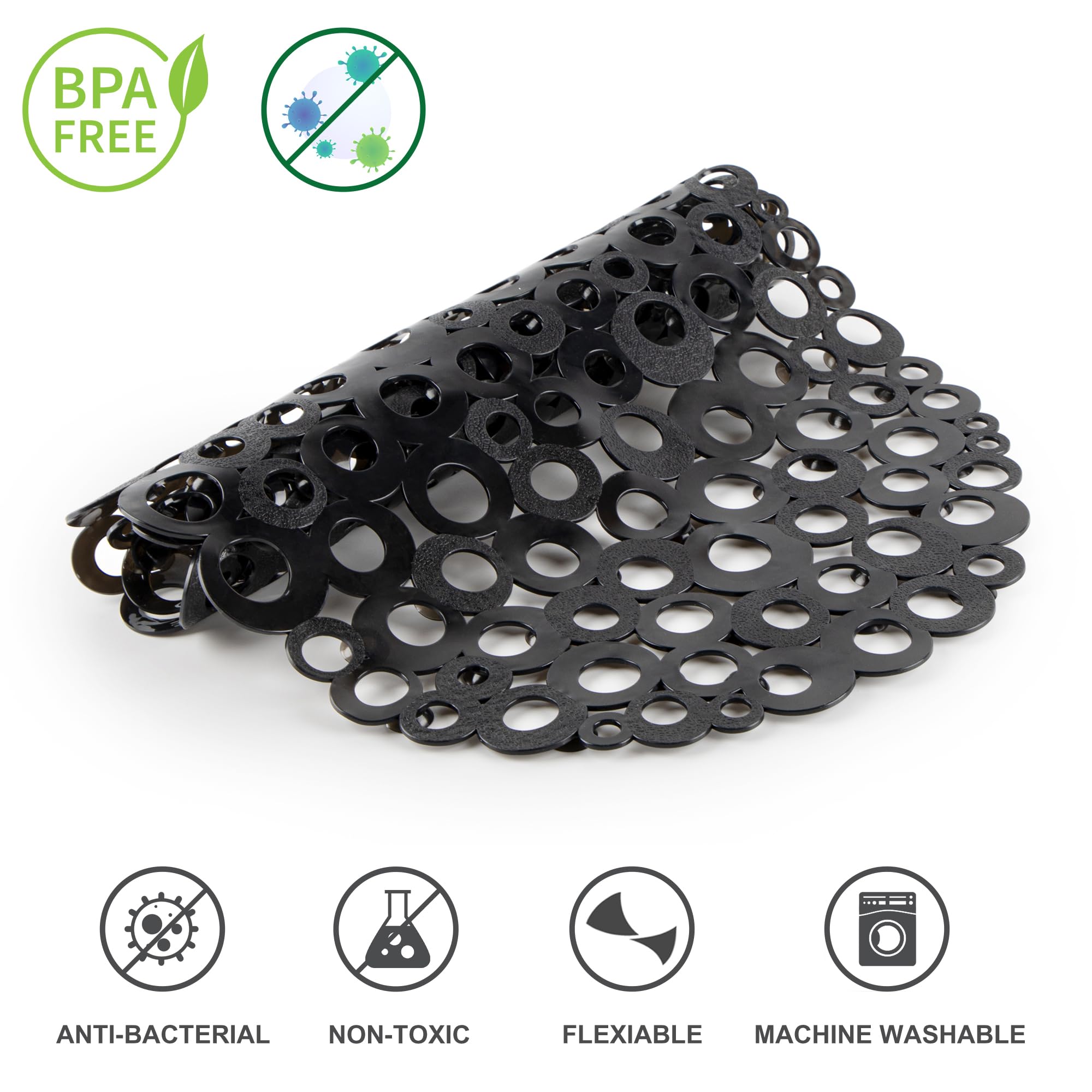 Weltrxe Oval Bathtub Mat Non Slip, Black Bubbles Bath Mats For Tub, Shower Mat With Drain Holes, Suction Cups, Machine Washable
