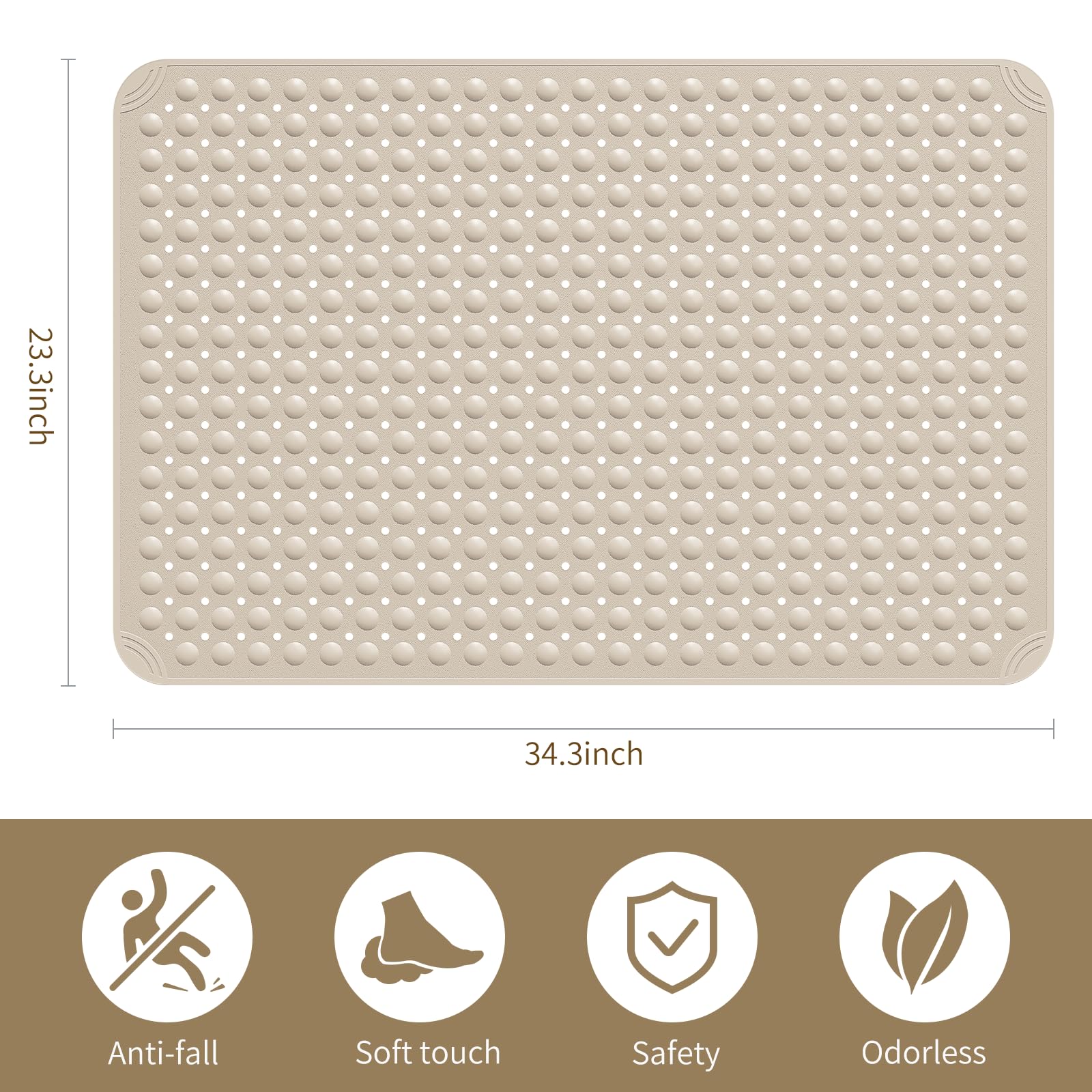 Yolife Extra Large Shower Mat, 34.3'' L X 23.3'' W Tpe Anti Slip Stand Up Shower Mat With Drain Holes And Suction Cups, Large Si