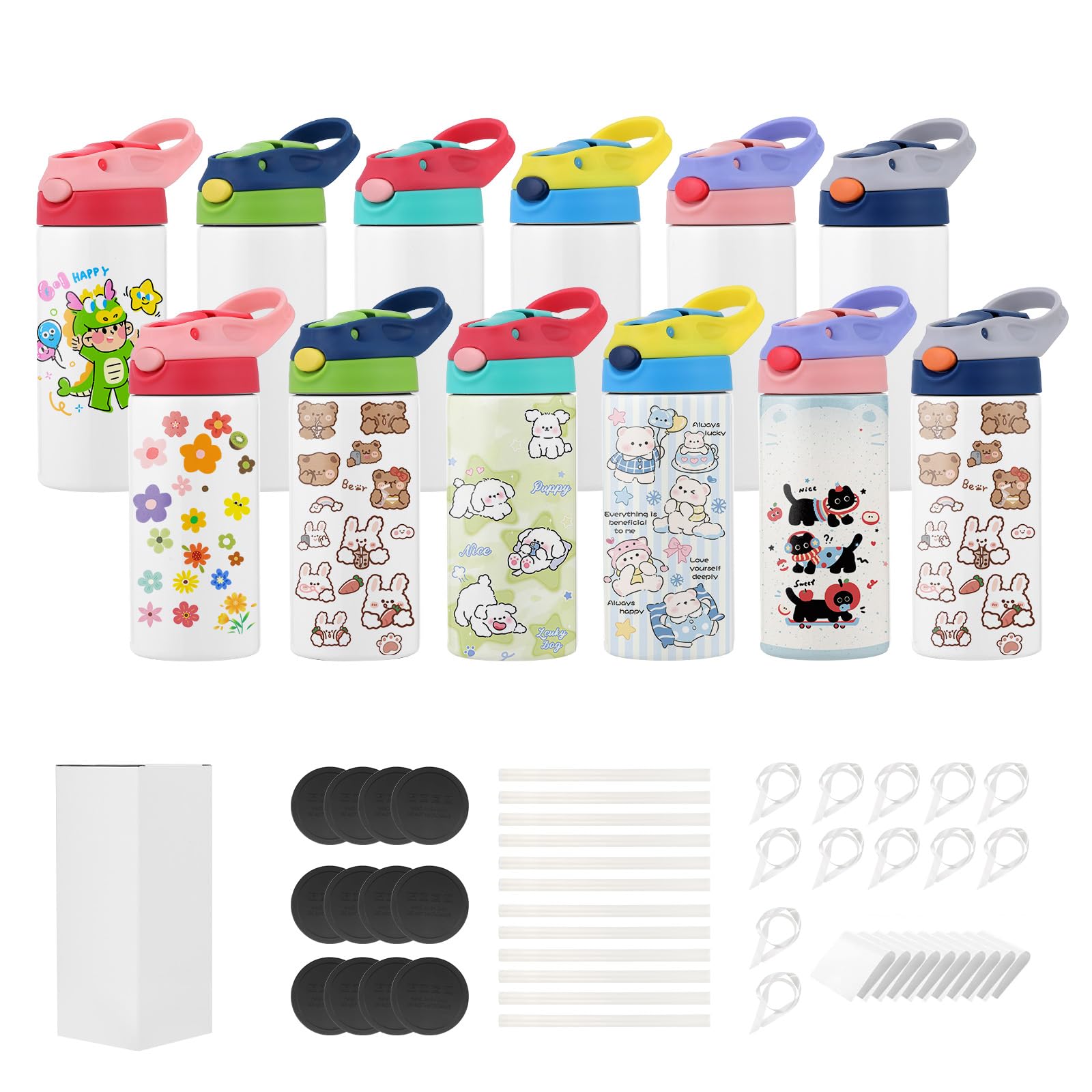 VEVOR Sublimation Tumblers, 12 Pack, 12 oz Kids Sublimation Water Bottles, Food-Grade Stainless Steel Cups with Lids and Straws,