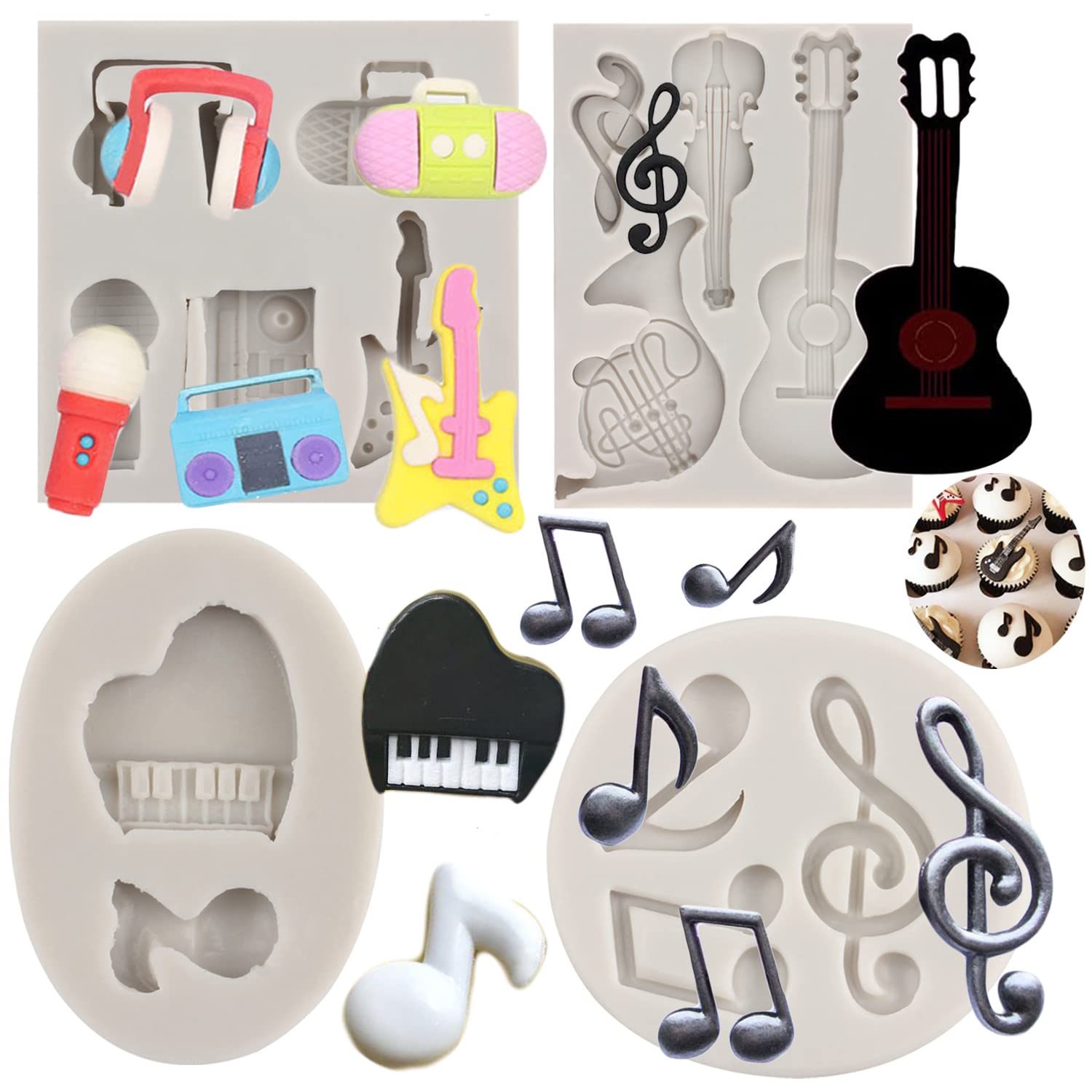 Sijiangmold Music Note Silicone Mold Instrument Fondant Molds Boombox Microphone Radio Guitar Mold Piano Candy Mold For Cake Dec