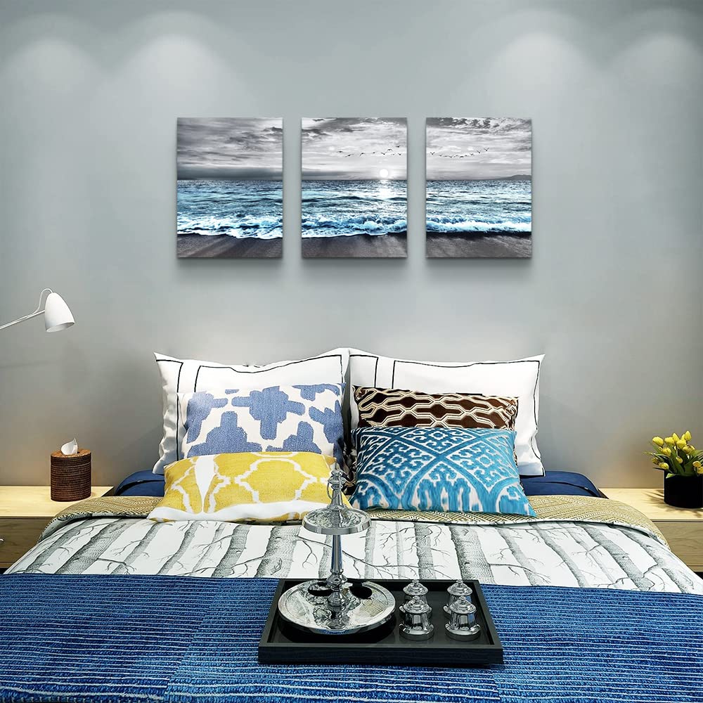 Dzrwubhs Wall Decorations For Living Room 3 Piece Framed Canvas Wall Art For Bedroom Office Wall Decor Black And White Beach Wal