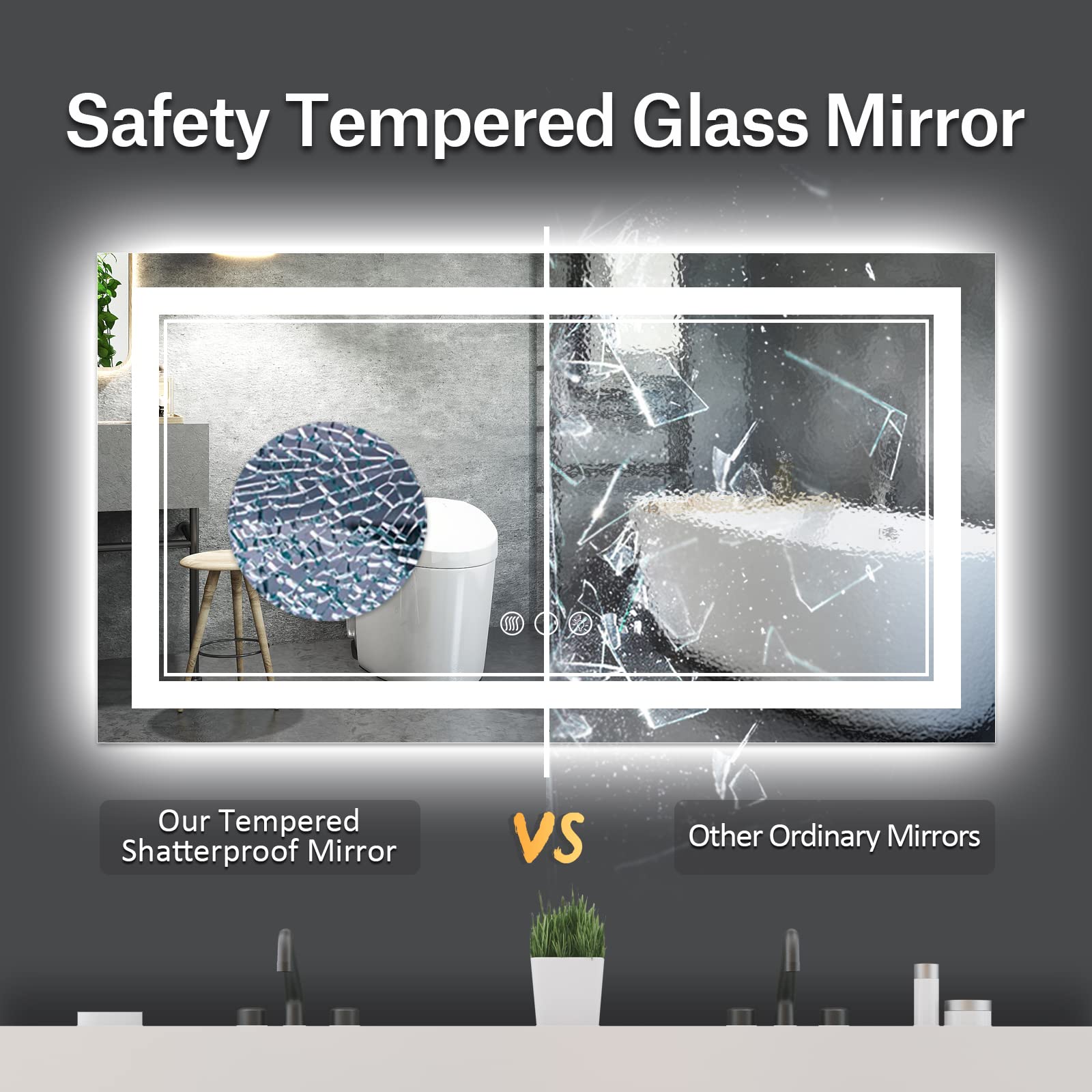 Istripmf 55X30 Inch Led Bathroom Mirror, Backlit And Front Light Anti-Fog Dimmable Memory Lighted Vanity Mirror, Large Shatterpr