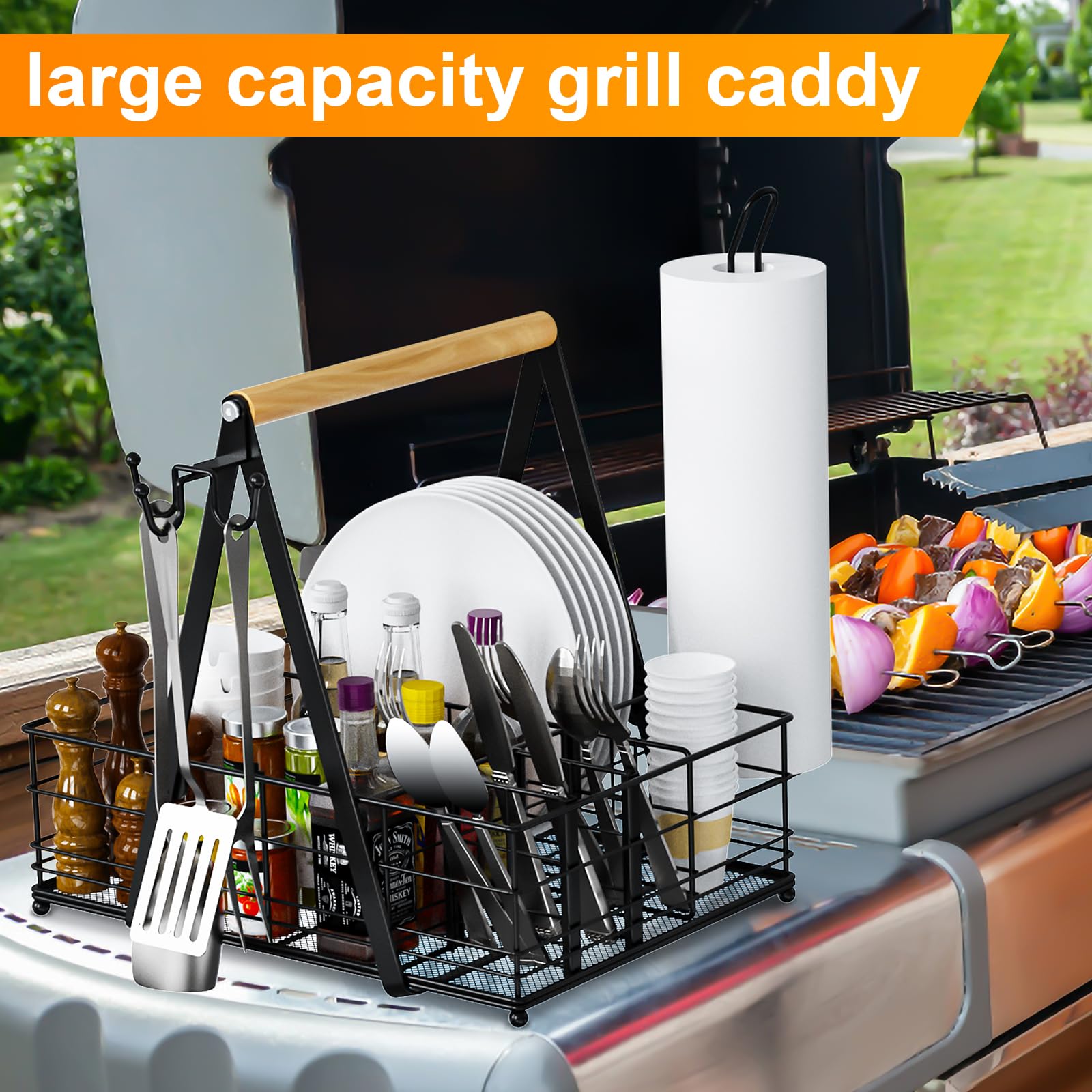 Jbbtool Grill Caddy With Paper Towel Holder, Bbq Camping Caddy For Plates And Utensils, Picnic Condiment Storage Caddy, Rv Patio