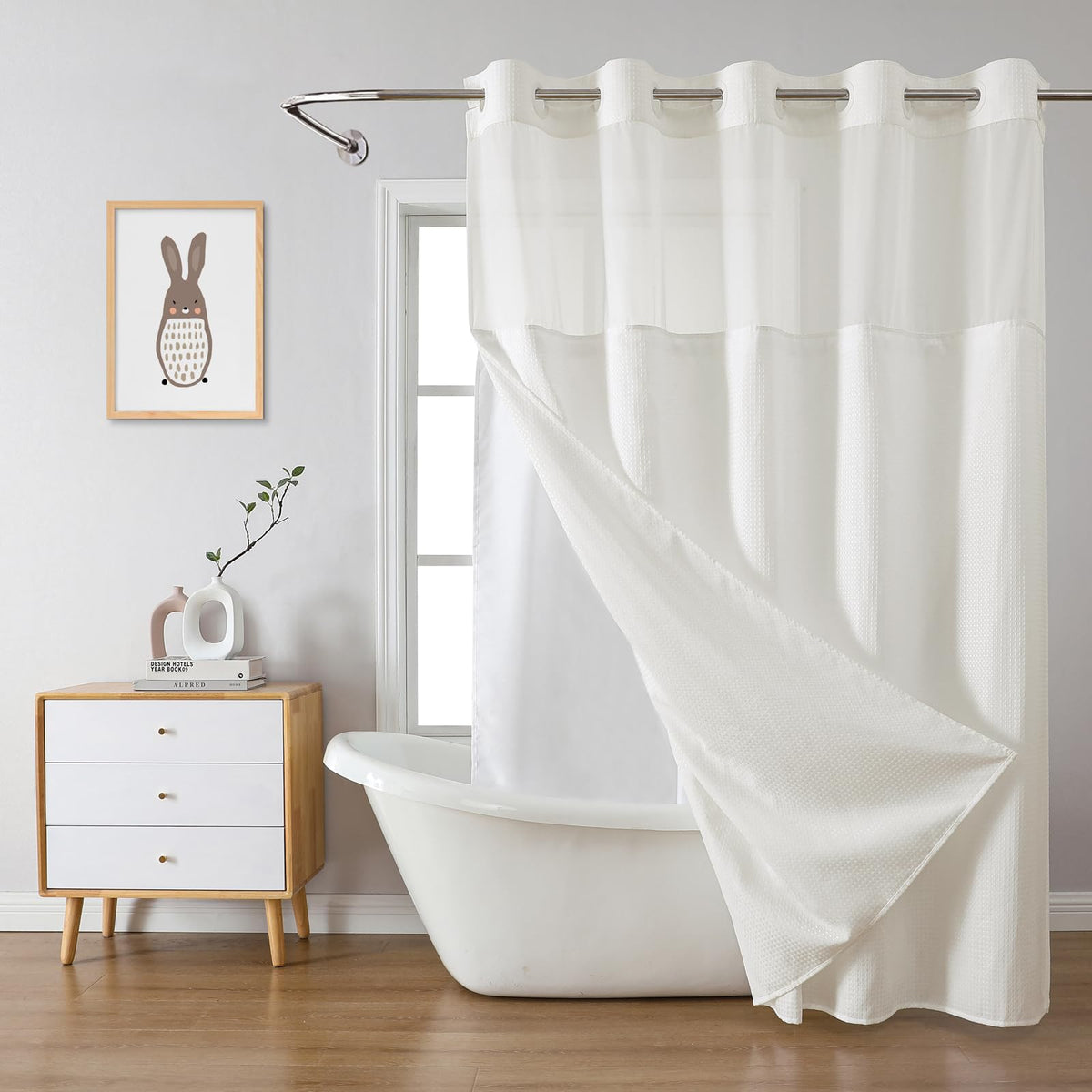 Eachope Cream No Hook Waffle Weave Shower Curtain With Snap-In Liner Replacement, 230Gsm Waterproof Fabric Hotel Shower Curtain