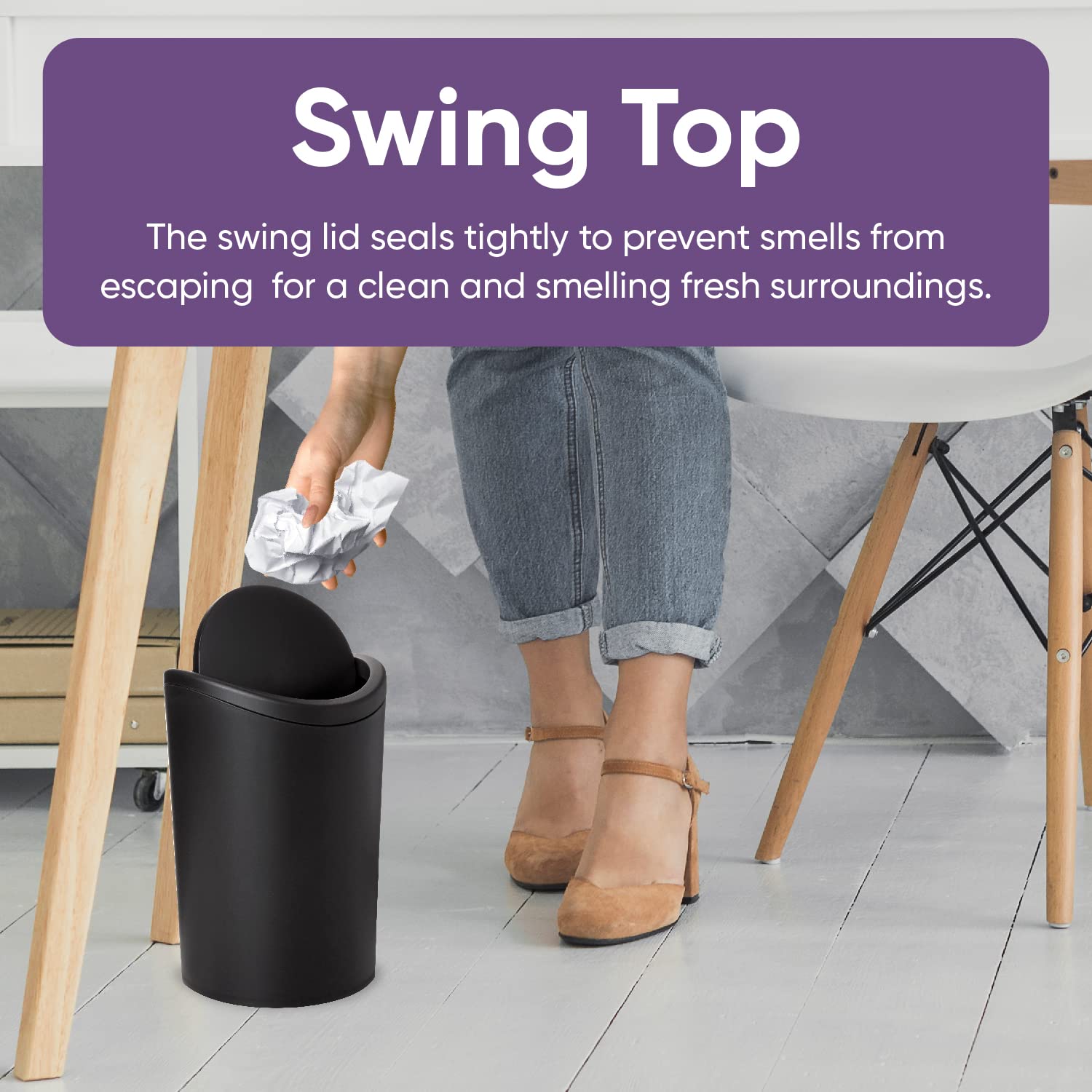 Superio Small Bathroom Trash Can With Lid, Modern Matte Black Mini Waste Bin With Swing Lid (1 1/2 Gallon, 6 Liter) Plastic Garb