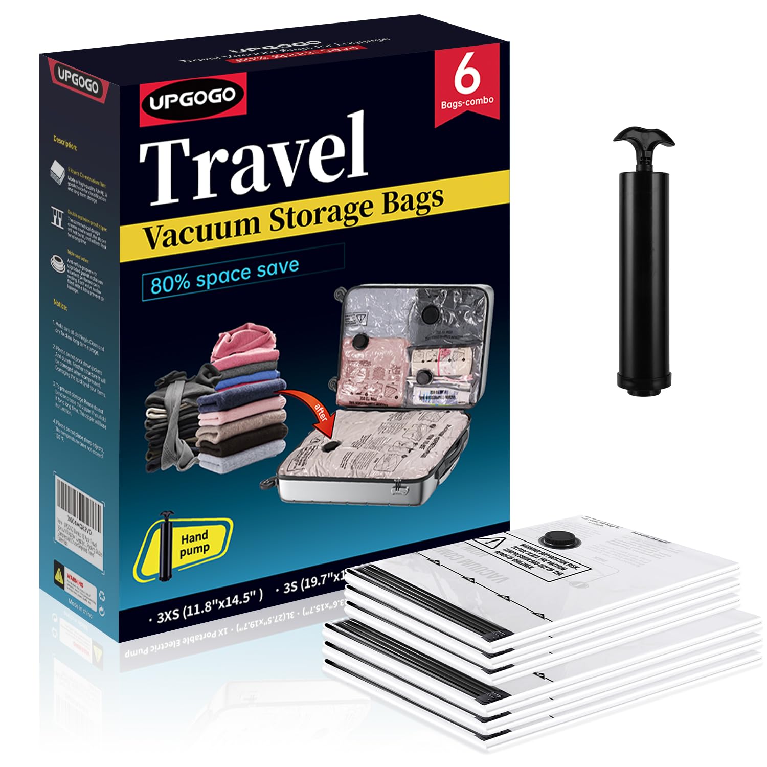UPGOGO Travel Vacuum Bags for Luggage with Hand Pump,Vacuum Seal Bags for Clothing,Packing Cubes Compression,Cruise Ship and Tra