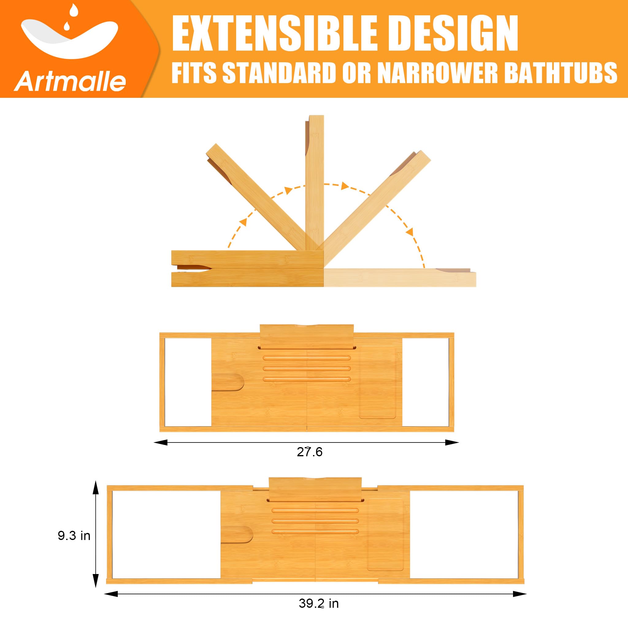 Artmalle Bathtub Caddy Tray For Tub, Expandable Bamboo Bath Table Tray With Book Stand For Home Spa Relaxing, Foldable Minimalis