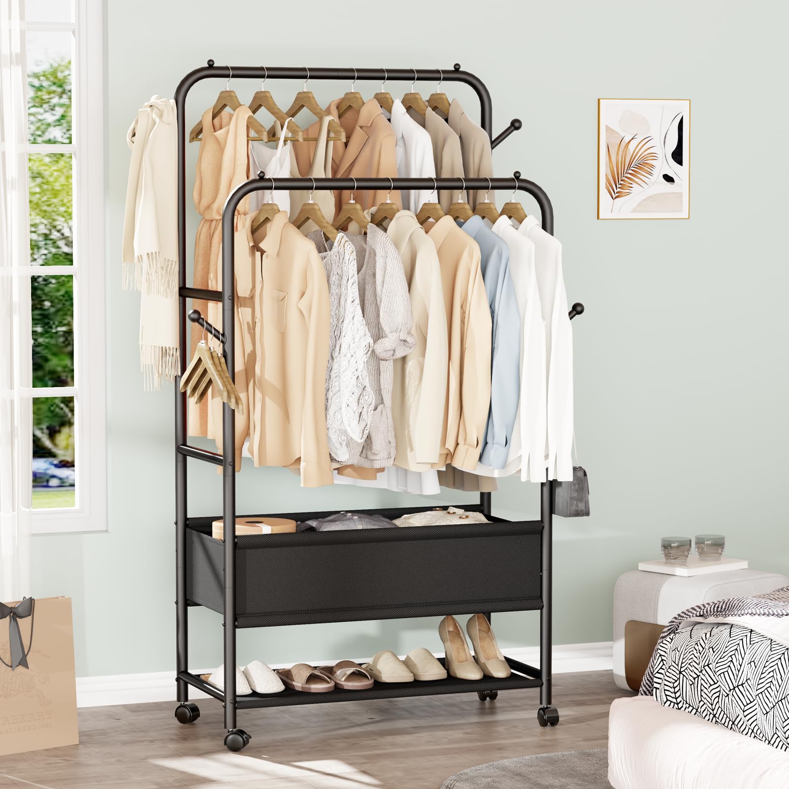 Furologee Portable Rolling Garment Rack, Sturdy Metal Double Rods Clothes Rack, Black, Freestanding for Bedroom, Laundry, Living Room